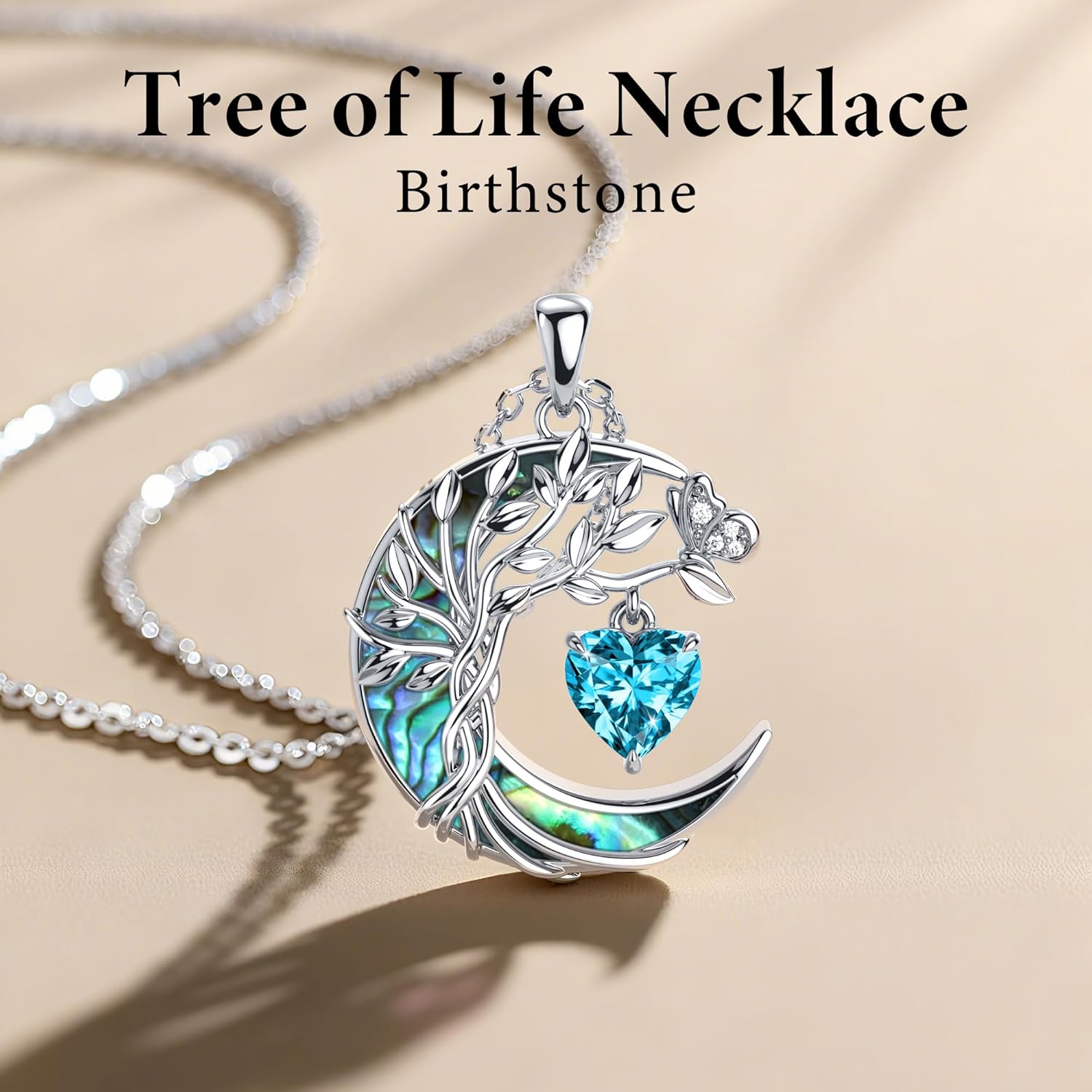 Distance Tree of Life Birthstone Necklace for Women, S925 Sterling Silver Premium Abalone Shell Moon Pendant, Heart Birthstone Necklace Christmas Anniversary Jewelry Birthday Gifts for Her Mom Wife - Image 4