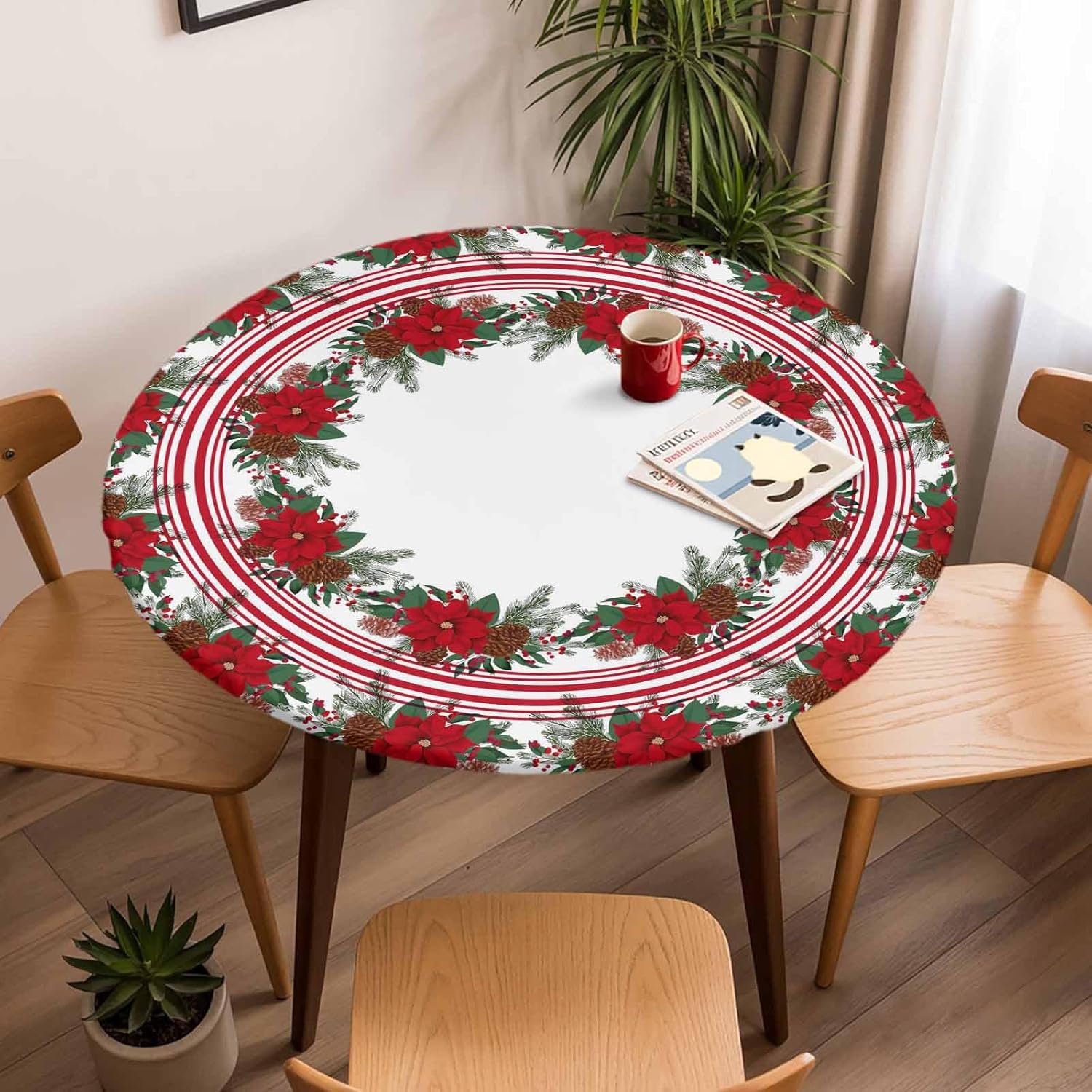 Chucoco Christmas Day Round Fitted Table Cover for Dining Tables,Elastic Edged Tablecloth Red Poinsettia Flower Berries Wreath Waterproof Oil Proof Tables Cover Cloths for Kitchen Dinner Party Event