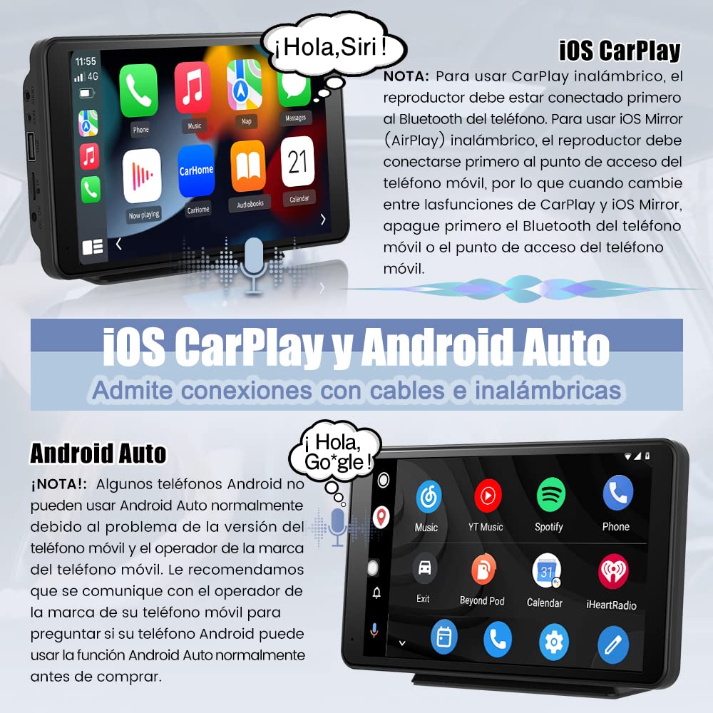 AWESAFE Reproductor de CarPlay/Android Auto/iOS Mirror/Auto Link(Mirror Link), Radio Portátil con Pantalla para Coche, Admite Bluetooth/Cámara Trasera/Siri y Otra Asistencia de Voz/USB/TF/AUX