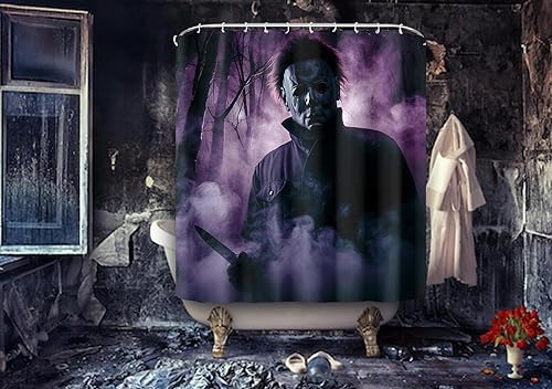Miniatura 3 de Cortina de ducha de decoración de Halloween para Michael Myers mirándote desde el bosque, 72 x 72 pulgadas, con 10 ganchos de plástico, incluye