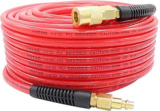 YOTOO Reinforced Polyurethane Air Hose 1/4" Inner Diameter by 100' Long with Bend Restrictor, 1/4" Industrial Quick Coupler and Plug, Red