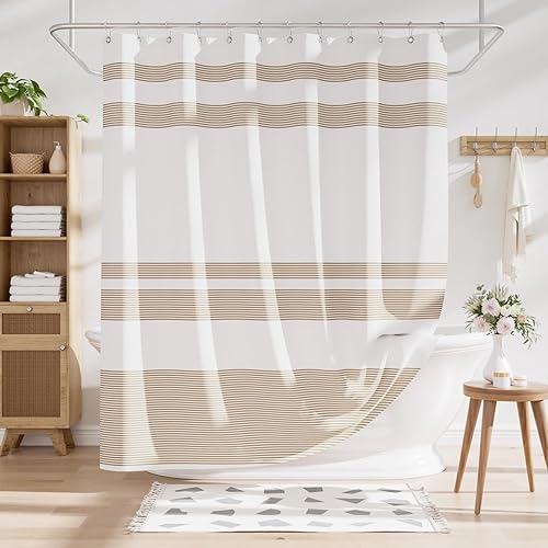 Miniatura 8 de AmazerBath Shower Curtain, 72x72 Washable Cloth Neutral Light Tan Shower Curtain with 12 Hooks, Fabric Khaki and White Striped Set, Farmhouse A