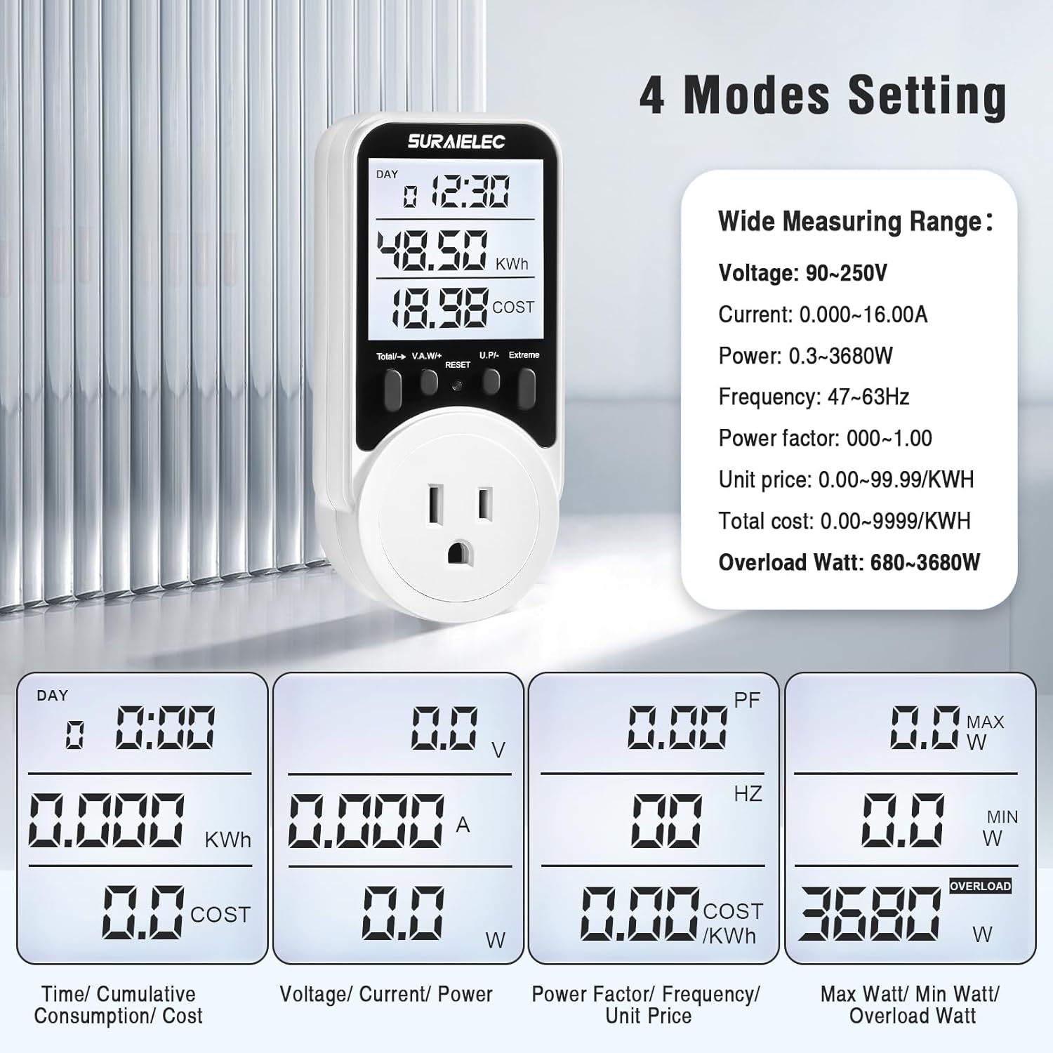SURAIELEC 전력계 플러그인 소켓 전력계 90V-250V 광역 백라이트 대형 디스플레이 자동 비용 계산기 과부하 보호 킬로와트  와트 전압 증폭기 테스터 전기 사용량 모니터-Freehip.co.kr