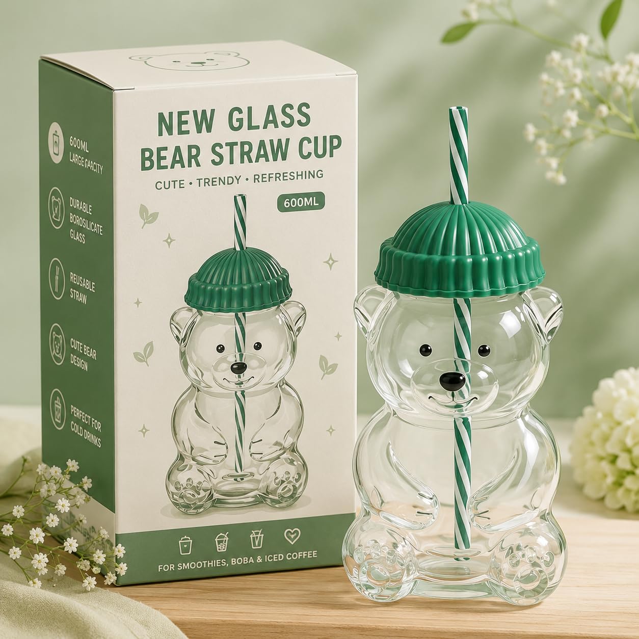 New Glass Bear Straw Cup 600ML Cute Bear Glass Tumbler with Reusable Straw - Viral Animal Design for Smoothies, Boba & Iced Coffee (Green)-image-48