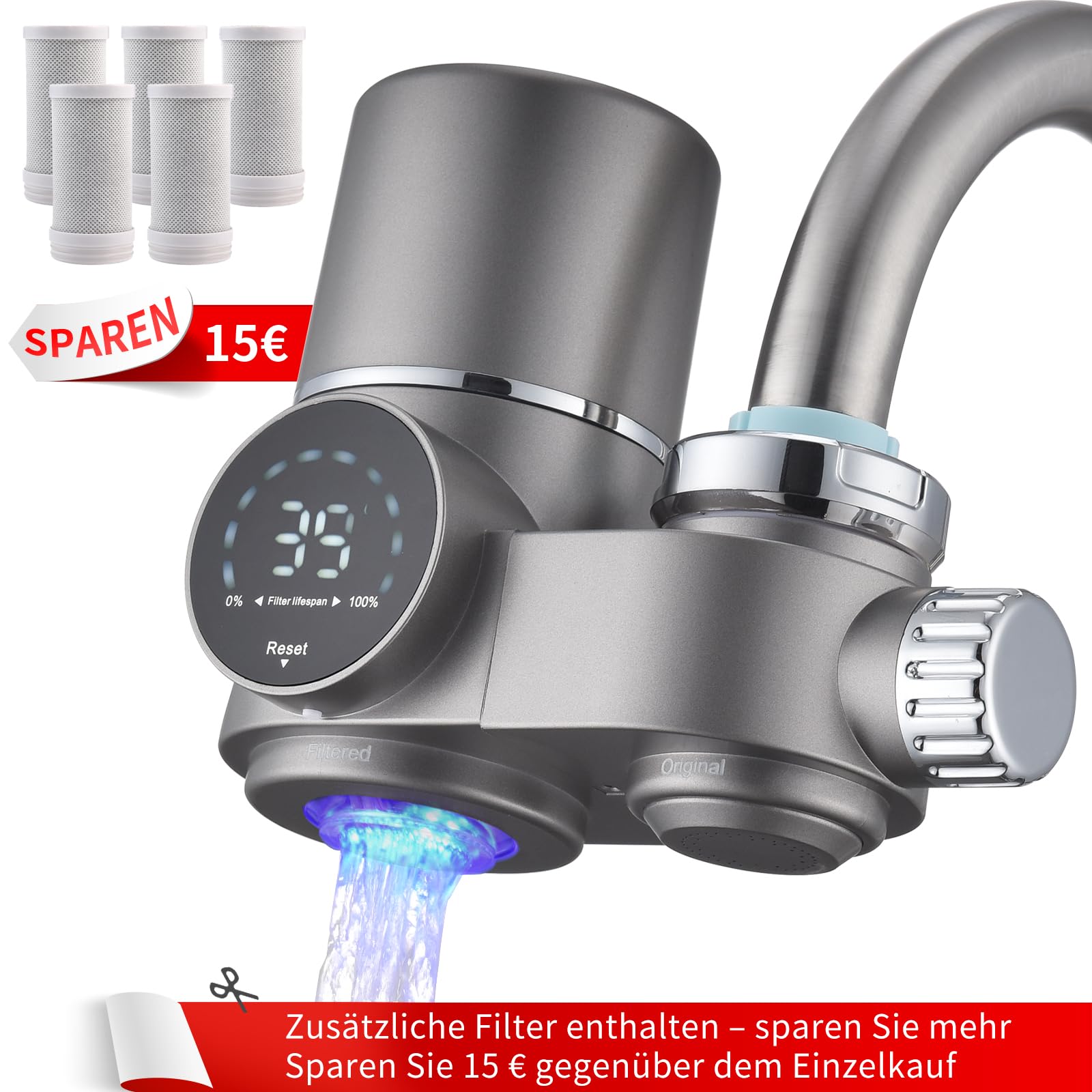 HOMELODY Wasserfilter Wasserhahn mit Blaulicht, 5 Filter Enthalten & Wasserfilter Trinkwasser für Küche, entfernt Chlor, Schwermetalle & Kalk, verbessert den Geschmack, 12x Adapter