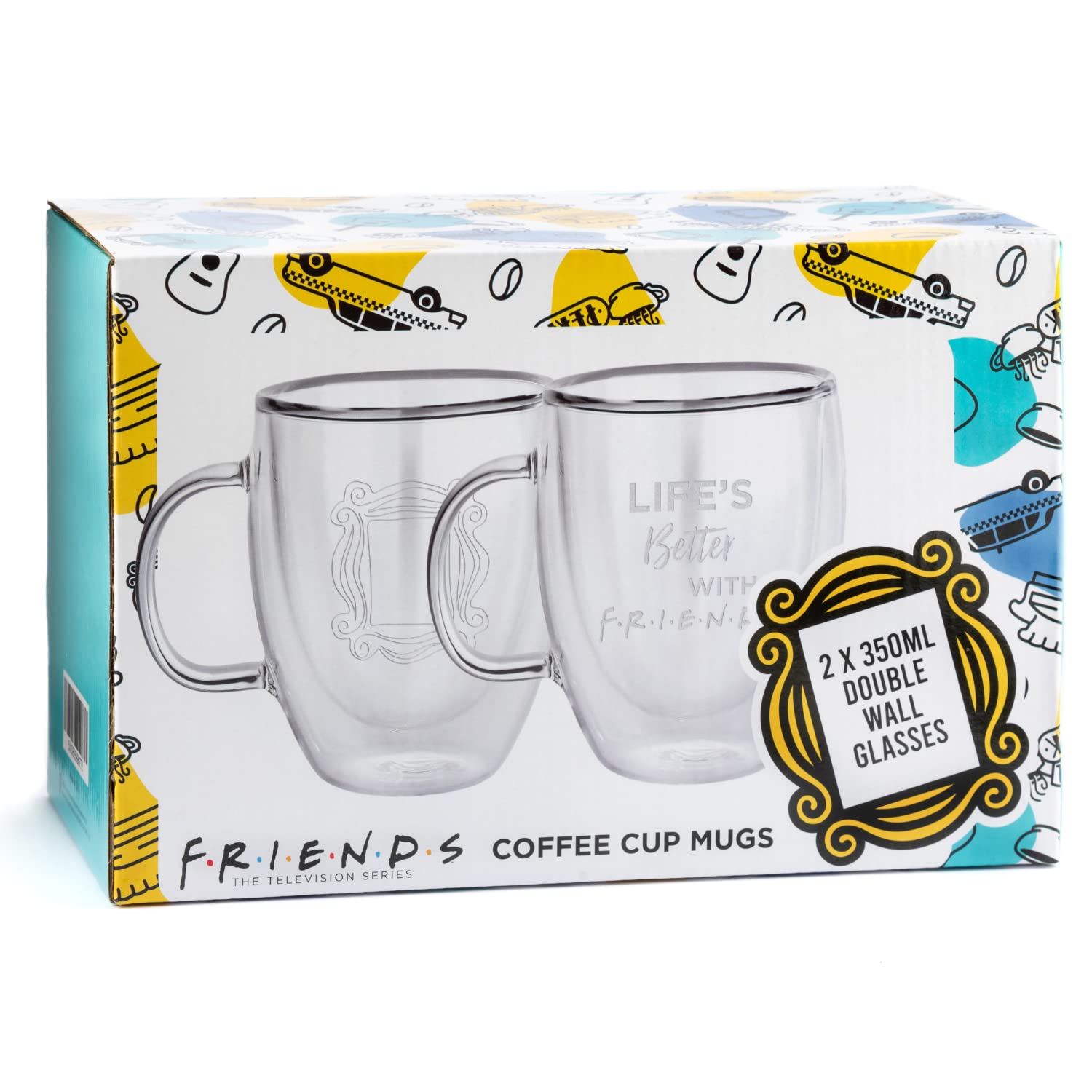 F.R.I.E.N.D.S Central Perk | 350ml Double Wall Glass Coffee Mugs - Set of 2, Insulated Coffee Cups with Handle
