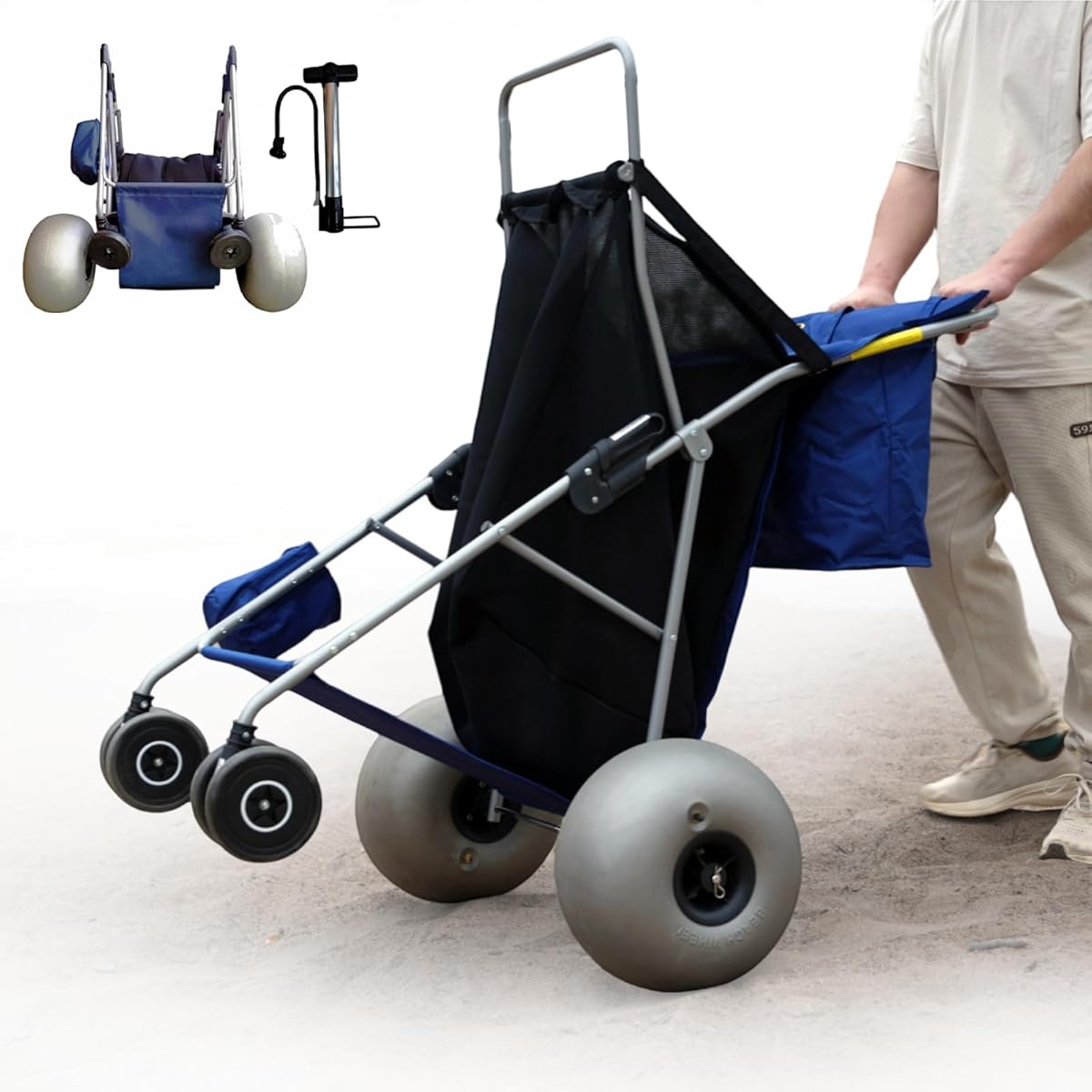 Beach Cart with 13‘’ Balloon Wheels, Holds 4 Folding Chairs, Collapsible Buggy with Big Wheels for Sand, Pump Included