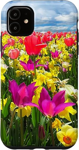 Funda para iPhone 11 Pretty Flowers Tulipanes y narcisos en un campo