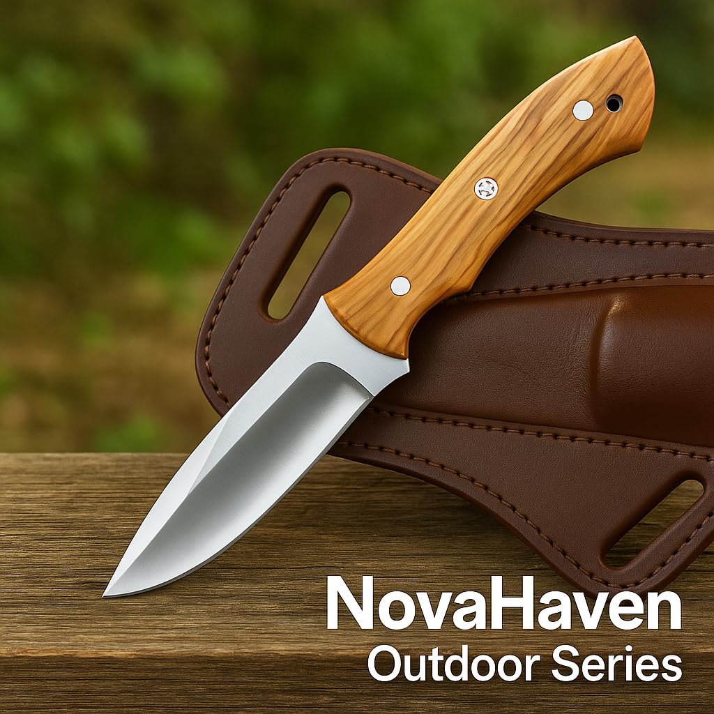 Novahaven Handmade D2 Steel Hunting Knife - 9 Inches Fixed Blade Knife with Olive Wood Handle, Premium Outdoor and Camping Knives, With Leather sheath (Hunting-Knives-1)