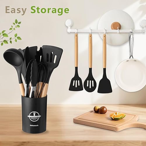 Miniatura 7 de Juego de utensilios de cocina de silicona con soporte, juego de 12 utensilios de cocina resistentes al calor con mango de madera, espátula sin BPA,