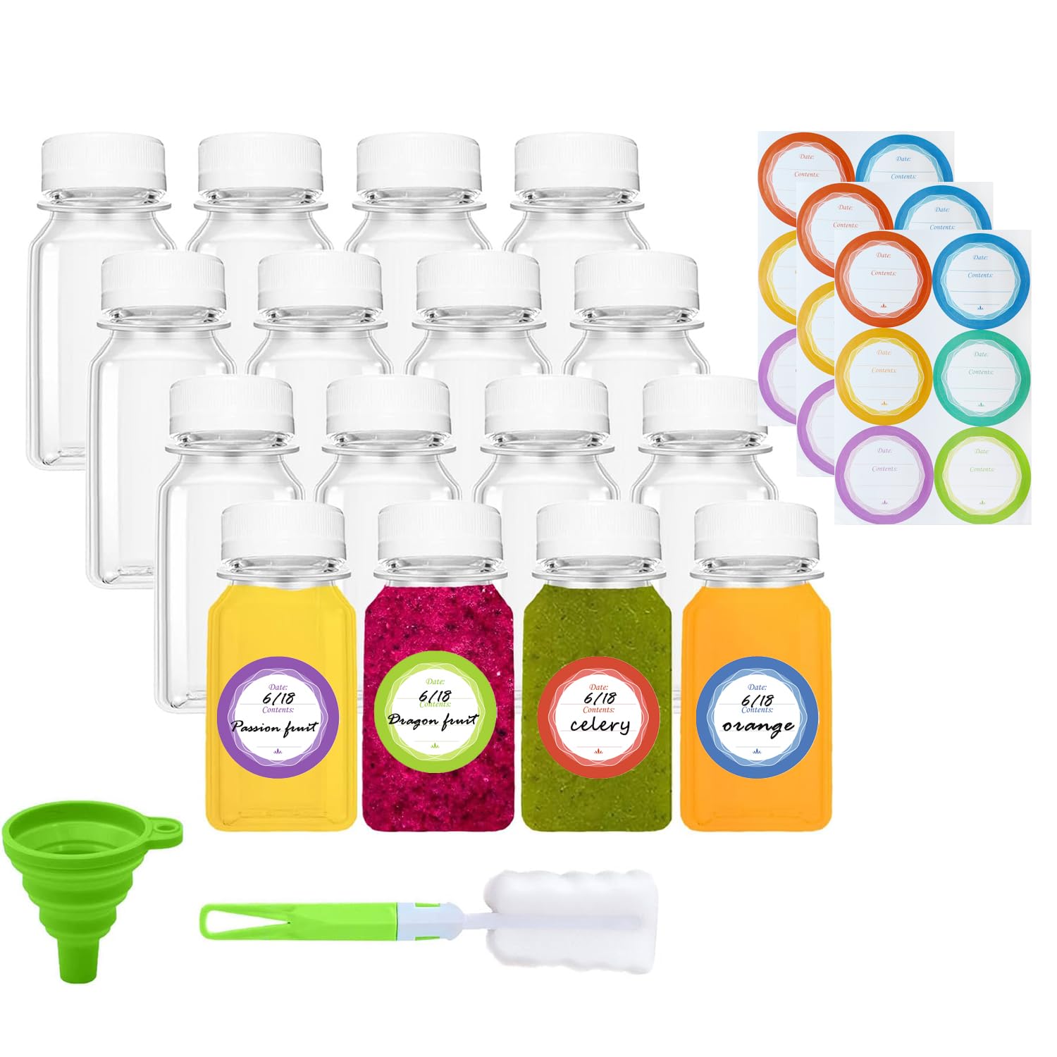 KKSTY 16 Pack 4oz/120ml Plastic Juice Bottles with Tamper Seal Lids,Funnel and Brush,Empty Reusable Bottles for Smoothie,Juice,Milk,Coffee and Other Beverages (120ml-White Lid)