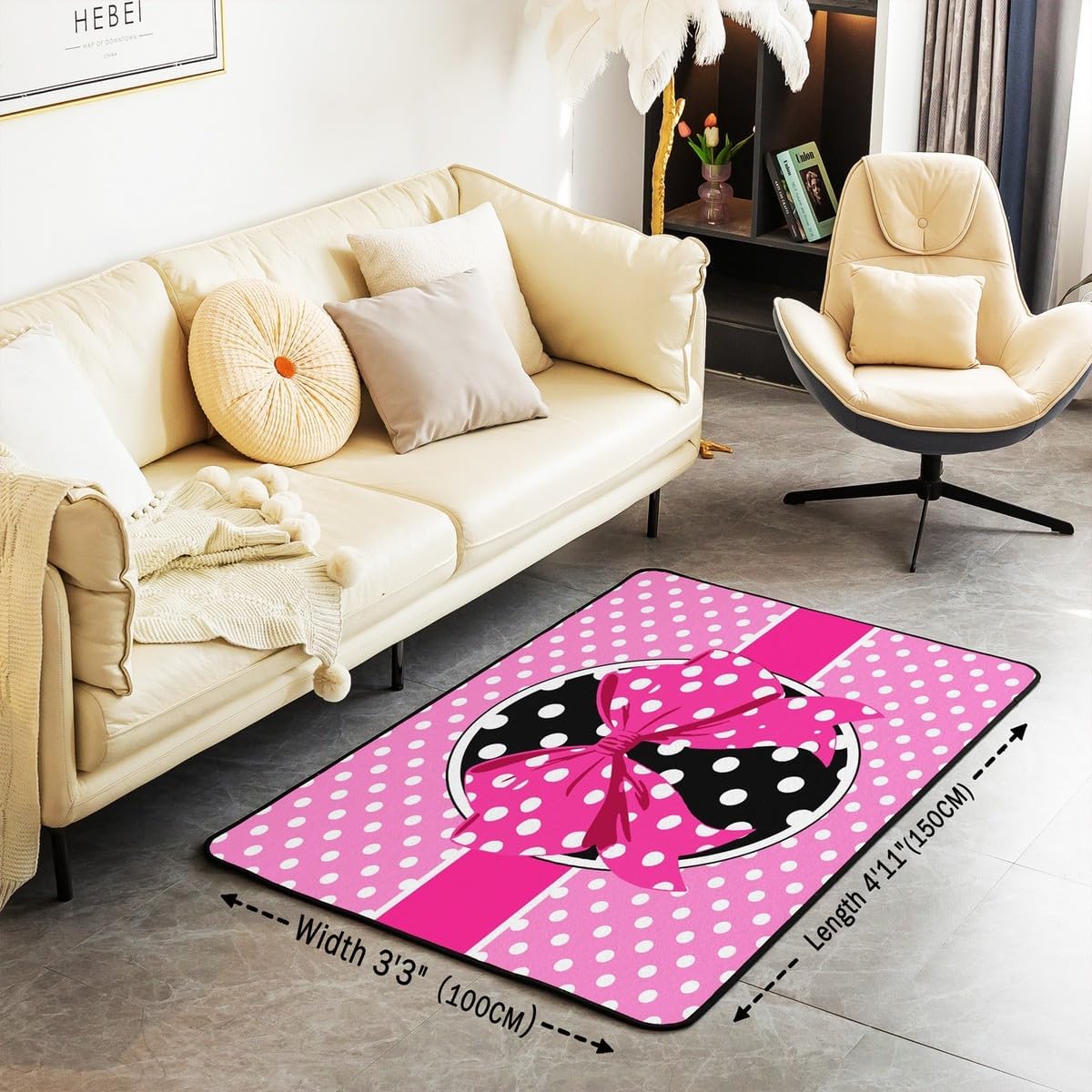 jejeloiu Pink Bowknot Area Rug 3x5 Kids Polka Dots Living Room Rugs for Bedroom Kawaii Princess Themed Decor Carpet,Polyester
