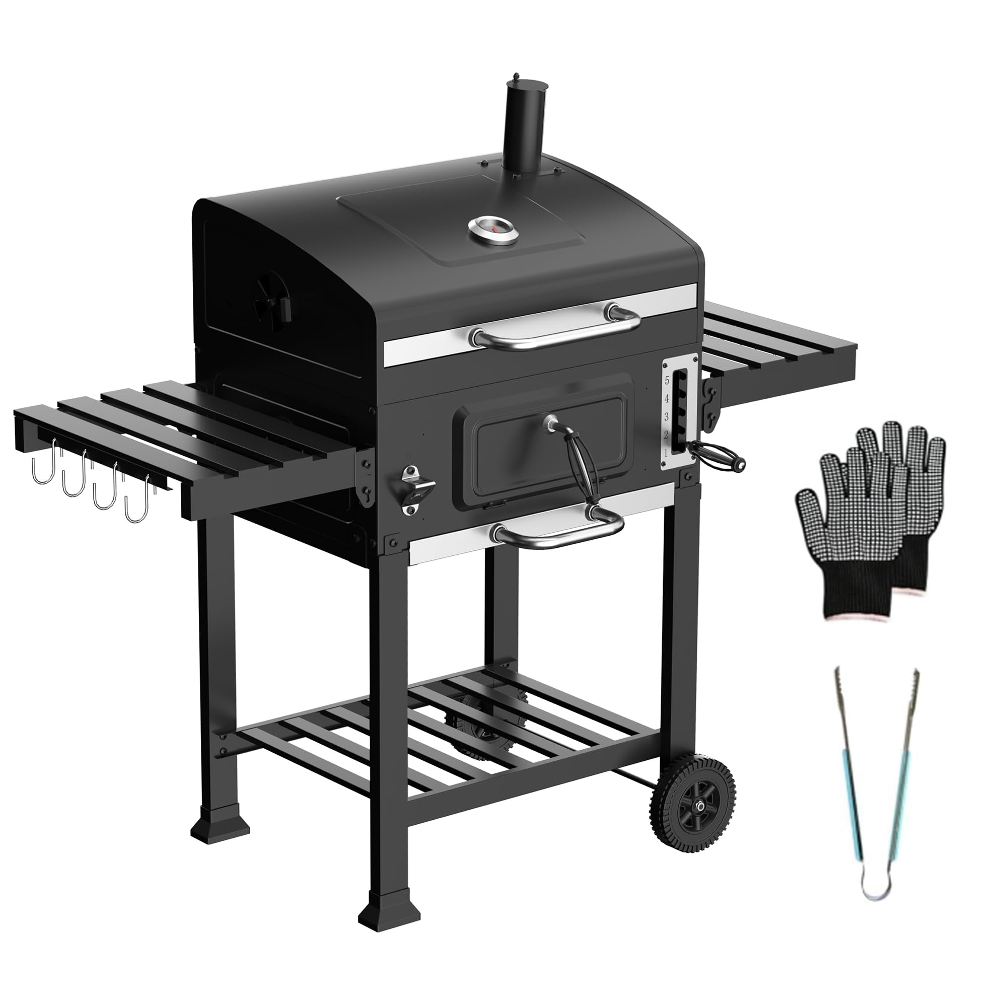 TEENO Parrilla para barbacoa de carbón XXL, control de calor de 5 niveles, con guantes y pinzas, mesas laterales plegables, termómetro, estante de calentamiento y ruedas para fiestas al aire libre