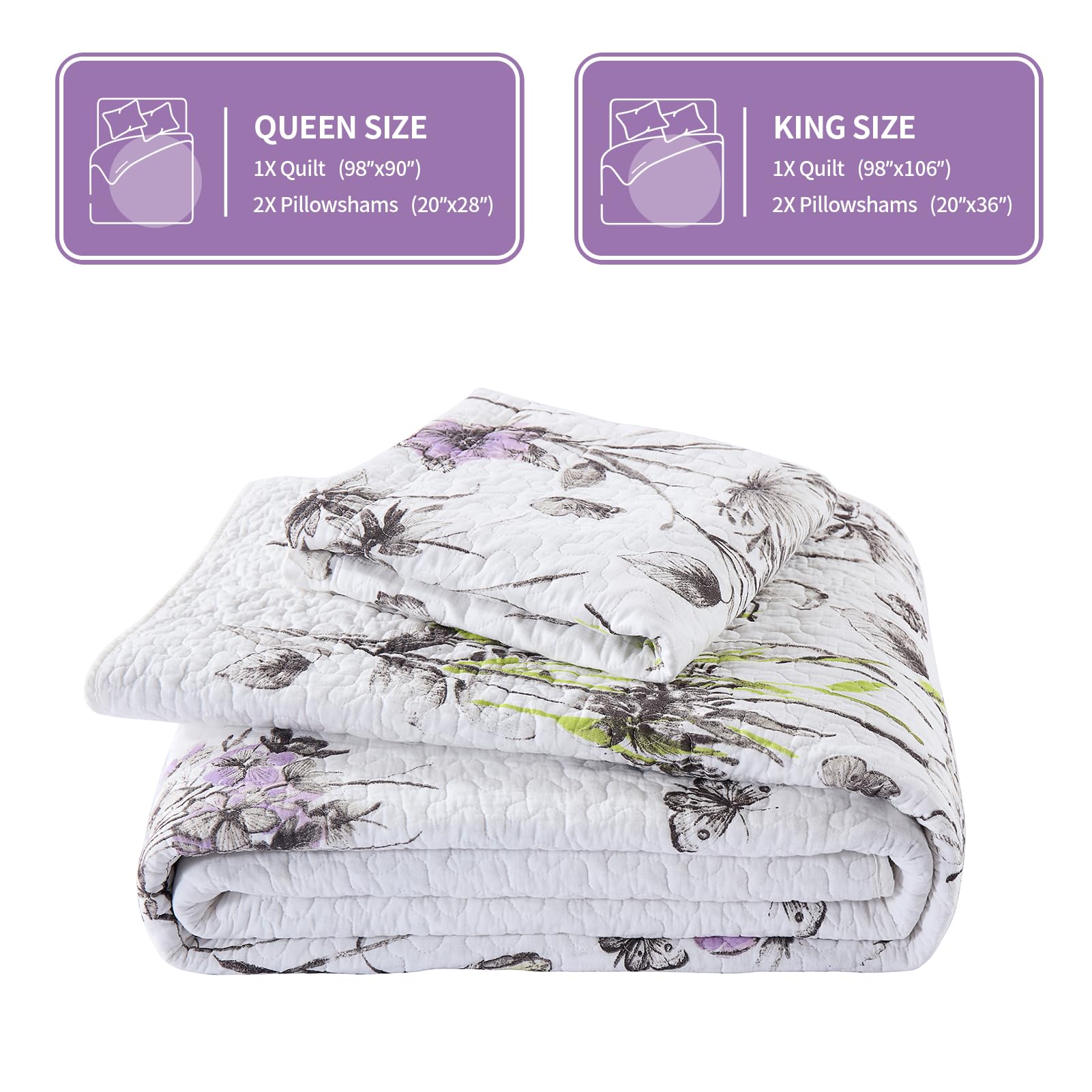 KALOOLA Trapunta Estiva King Size In 100% Cotone, Motivo Floreale Blu Reversibile, Leggera, Set Da 3 Pezzi (269x249 Cm + 2 Federe 51x91 Cm), Certificazione OEKO-TEX - 3