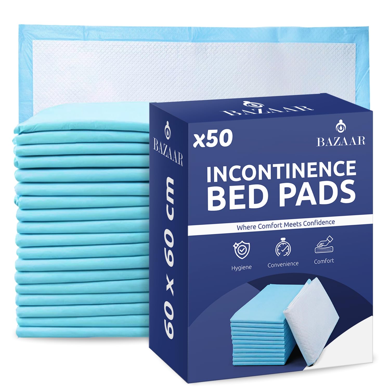 Bazaar Girls Blue 50 X Disposable Incontinence Bed Pads 60 X 60Cm | Highly-Absorbent Incontinence Bed Sheets | Waterproof Incontinence Sheets For Sofa, Mattress, Chair & For Babies, Children, Adults, & Elderly.