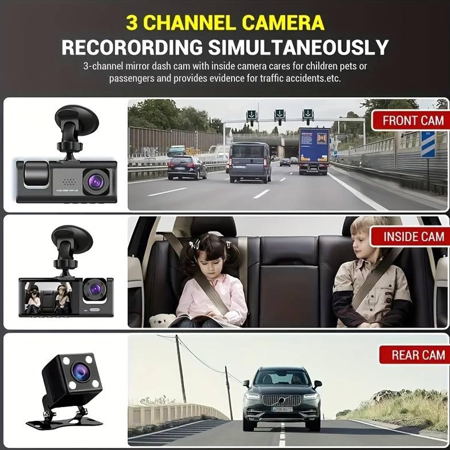 Three-channel recording view showing front, inside, and rear camera perspectives