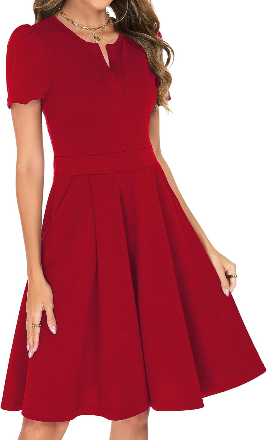 Womens Summer Short Sleeve V Neck Knee Length Fit and Flare A Line Vintage Business Casual Work Dresses with Pockets - Image 3