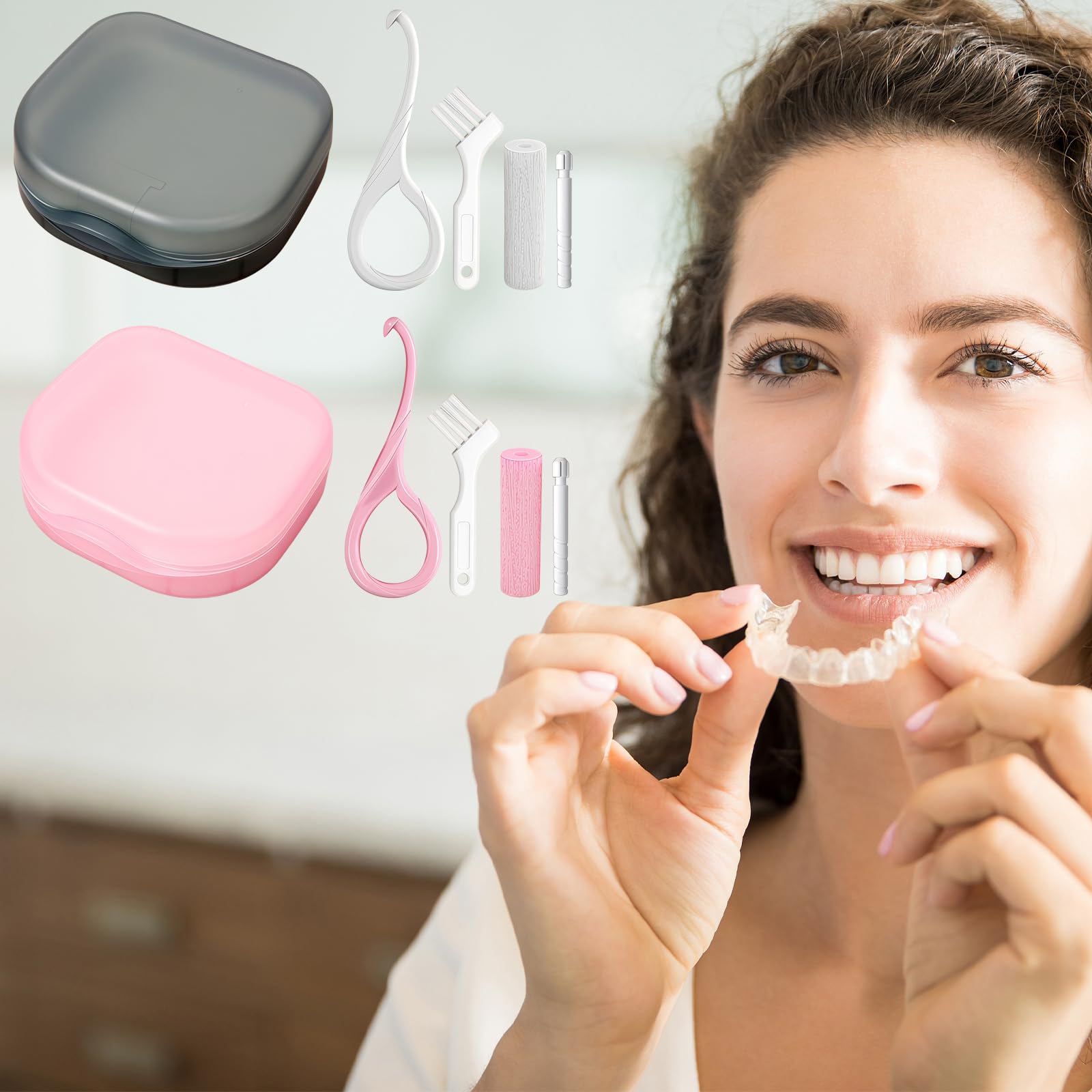 2er Set Zahnschienenbox Aligner-Box mit Entferner-Kit Chewies Reinigungsbürste für Invisalign Retainer Prothese Mundschutz Zubehör