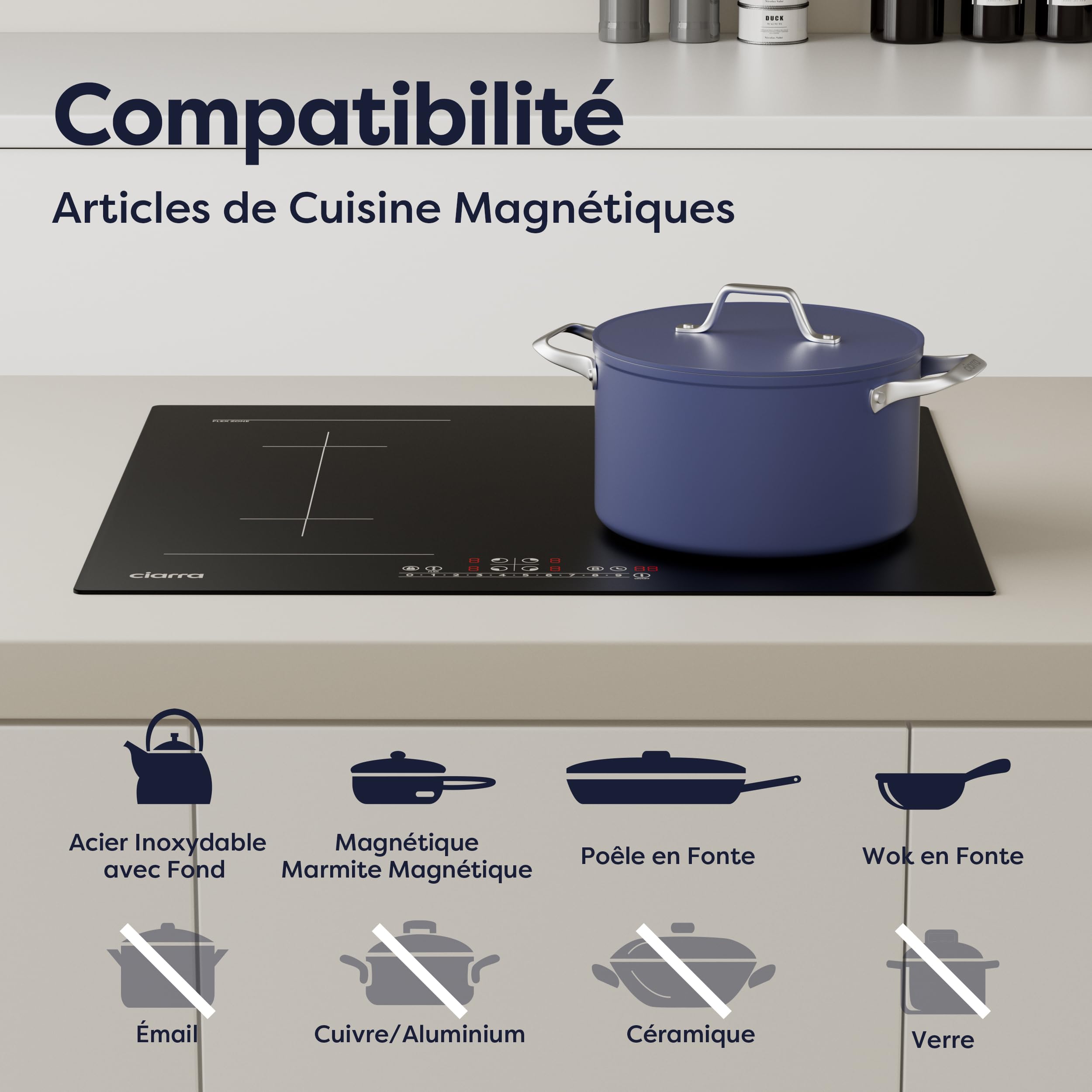 Ciarra 7200W Plaque de Cuisson à Induction 4 Feux - 1 Zone Flexible - Fonction Boost - Commande Tactile - 9 Niveaux de Puissance - Verrouillage d'enfant - Idéale cuisine familiale - Noir