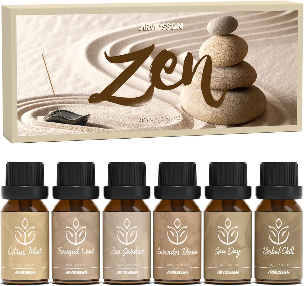 ARVIDSSON Juego de aceites esenciales Zen, aceite esencial Nautal Tranquil para difusores para el hogar, jardín zen, sueño de lavanda, spa sereno, menta cítrica, madera tranquila, frío de hierbas, regalo para mujeres