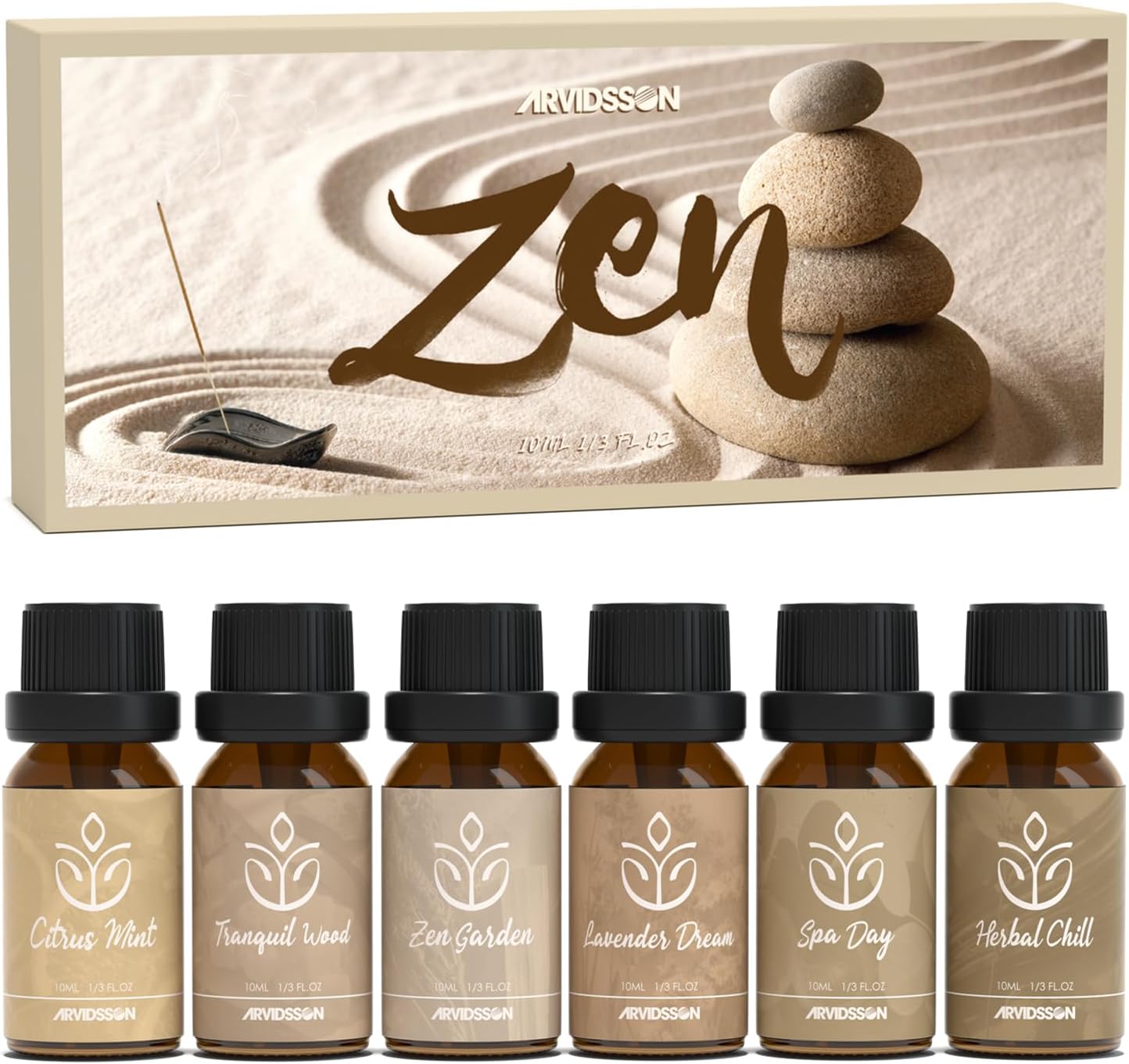 ARVIDSSON Zen Essential Oils Set, Nautal Tranquil Essential Oil for Diffusers for Home – Zen Garden, Lavender Dream, Serene Spa, Citrus Mint, Tranquil Wood, Herbal Chill, Gift for Women