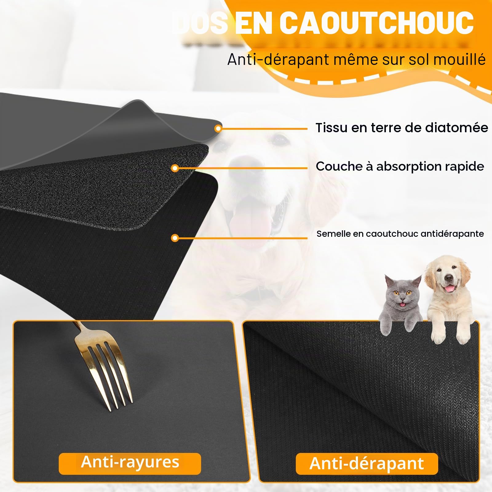 Tapis de nourriture pour chien, 100,1 x 80 cm, le plus grand tapis absorbant pour la nourriture et l'eau, tapis antidérapant pour gamelle pour chat, pas de taches, séchage rapide pour distributeur
