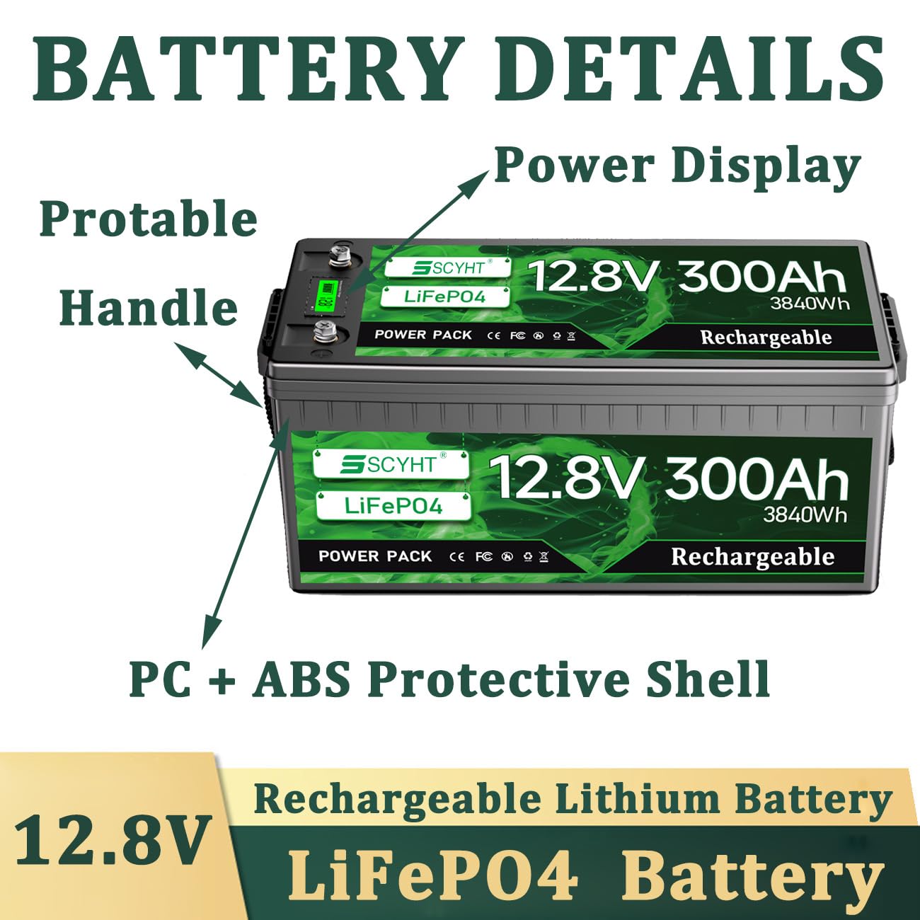 Batería de litio 12,8 V 300 Ah Batería LiFePO4 300 Ah Baterías ciclo profundo 12,8 V Baterías recargables para energía solar y respaldo con BMS para motor 750 W a 3840 W