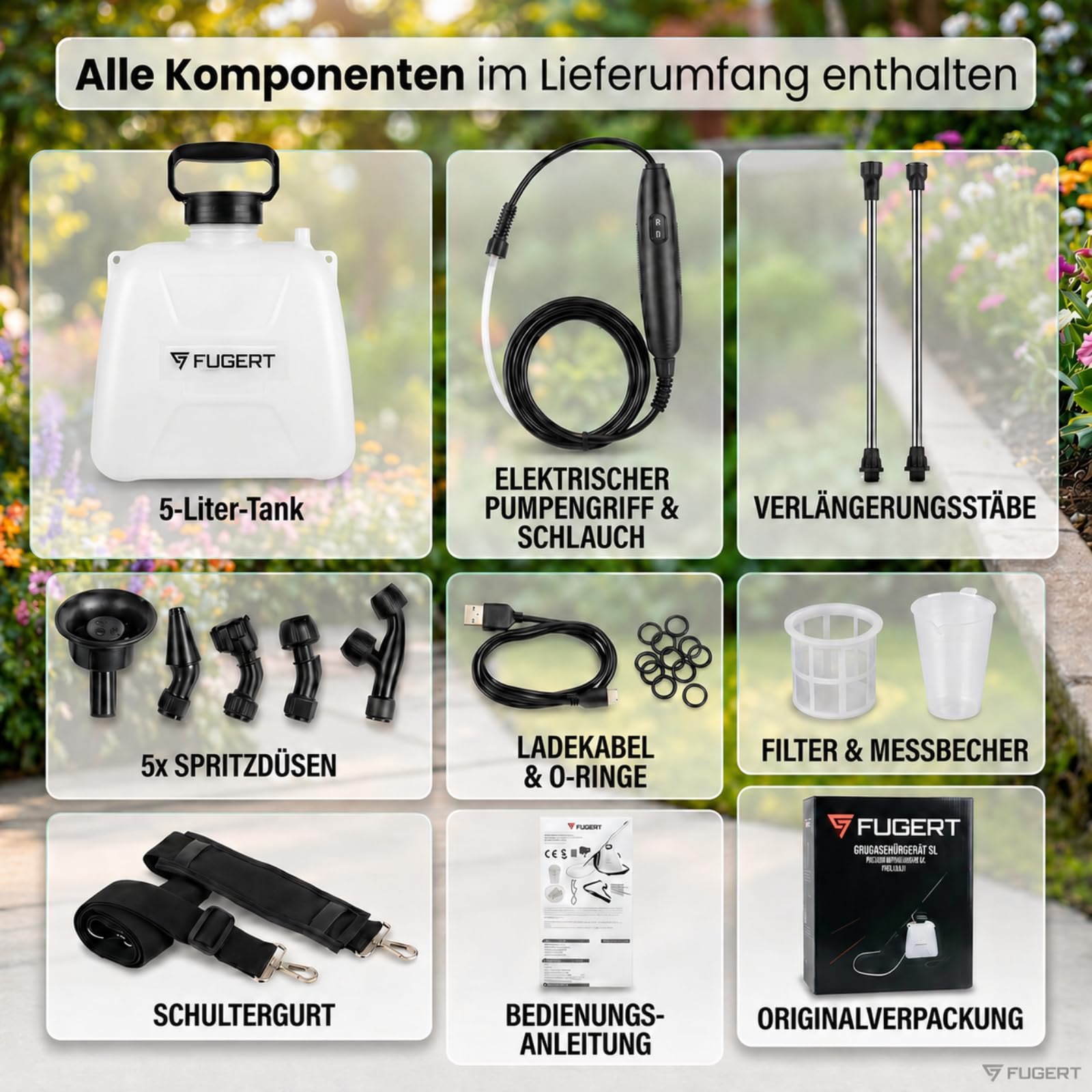 Akku Drucksprüher, elektrischer Gartensprüher mit USB-C, 3,5 Bar, Pflanzensprüher mit Teleskoplanze 27–49,5 cm, 5 Düsen, Schultergurt, Gartenspritze für Garten & Pflanzen (5L)