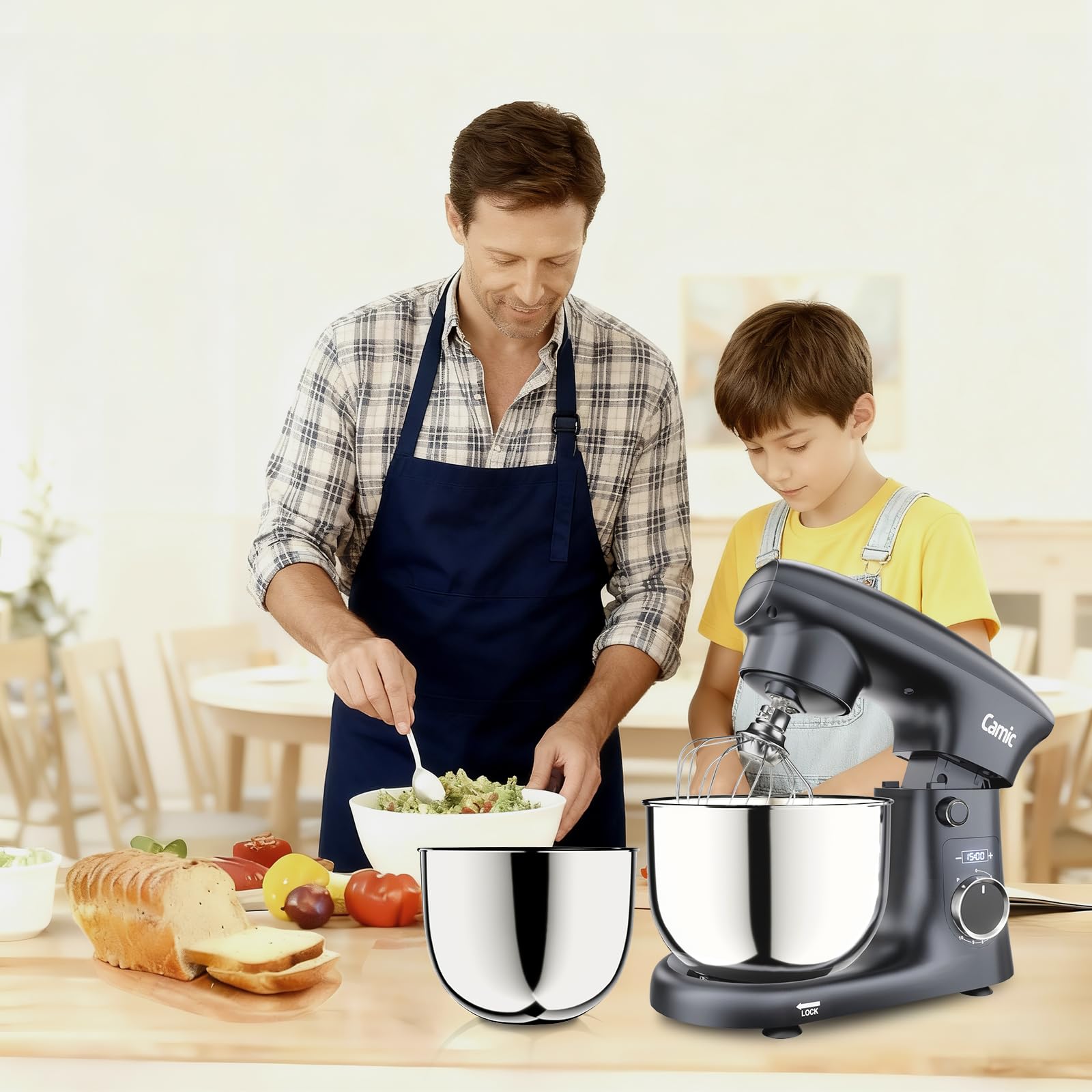 Camic Küchenmaschine mit LED-Display, Zeit Einstellen, Knetmaschine mit Rührhaken, Knethaken, Schlagbesen, 10 Stufen, 2 Edelstahlschüsseln 4L+5L, für Teig, Brot, Pizza, Kuchen