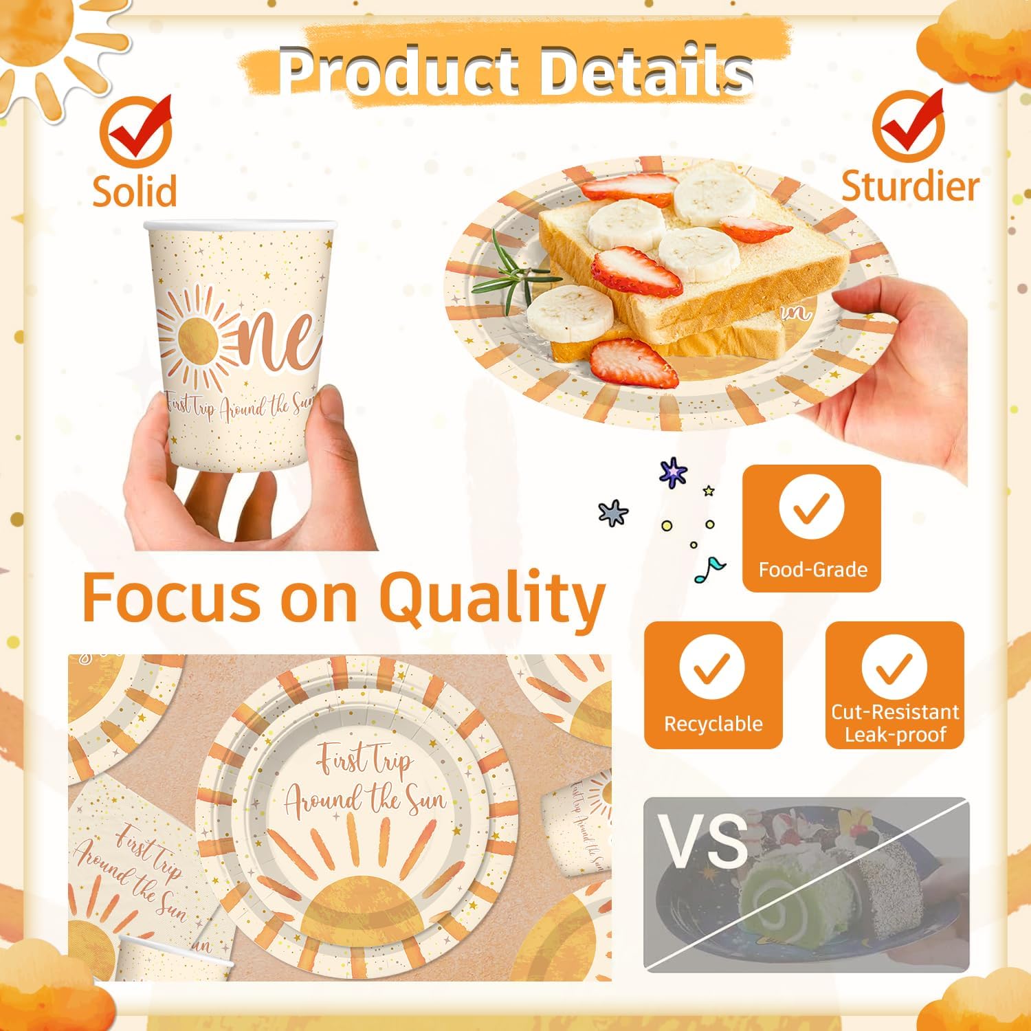 cocomigo Boho First Trip Around The Sun Decorations, with Cake Topper, 25 Serves Sunshine Disposable Tableware Set, Banner Plates Napkins Cup Table Cloth, for 1st Trip Around The Sun Birthday Girl
