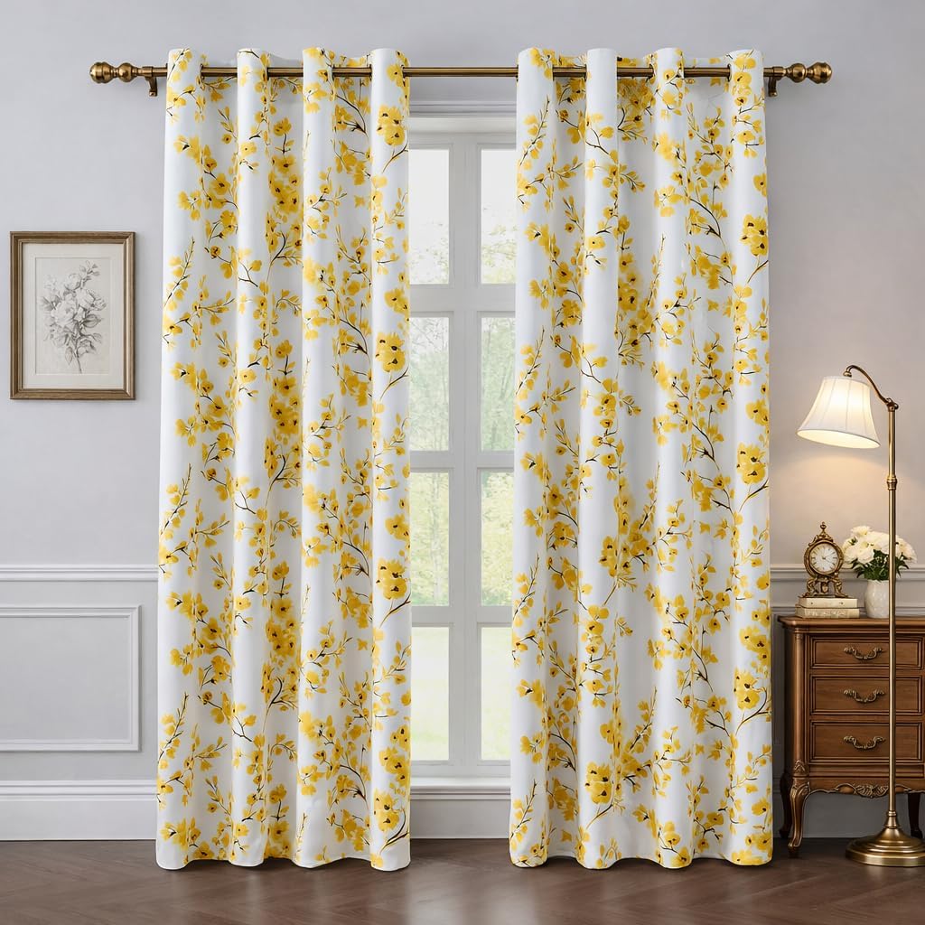 HOMEIDEAS Yellow Floral Blackout Curtains, 52 x 84 Inches Long Room Darkening Flower Grommet Drapes for Living Room, Bedroom, 2 Panels