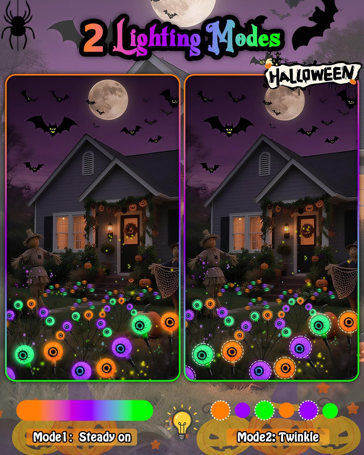 Solar Halloween Eyeball Lights Outdoor, 8Pack 48LED Purple Orange and Green Waterproof Eyeball Swaying Firefly Lights, Solar Halloween Pathway Light for Garden,Yard, Party, Halloween Decorations