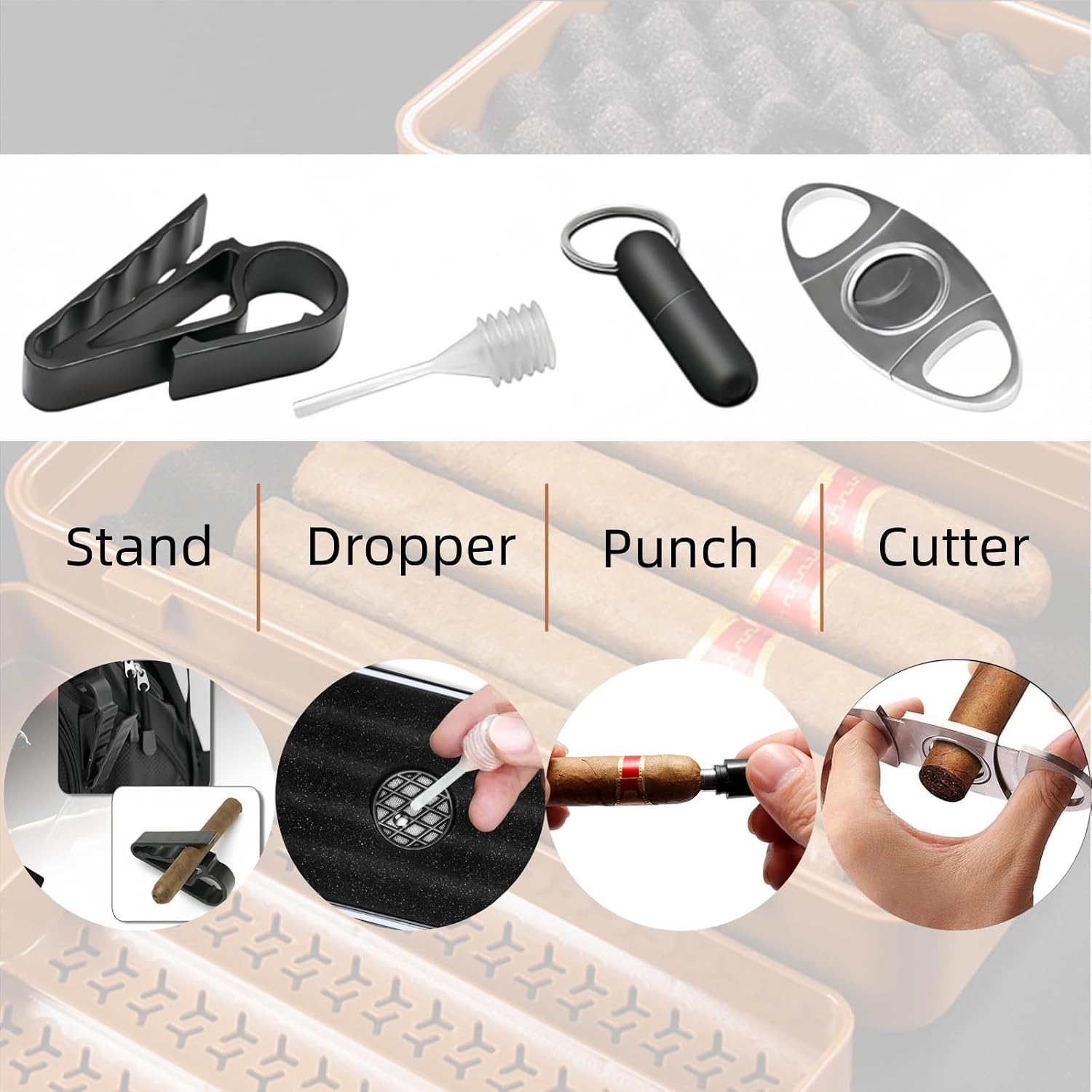 Travel Cigar Humidor Case 10 Cigars - Portable Cigar Case with Hygrometer, Cutter, Punch, Stand & Dropper | Waterproof, Crushproof, Airtight Seal | Complete Cigar Humidor Kit for Travel