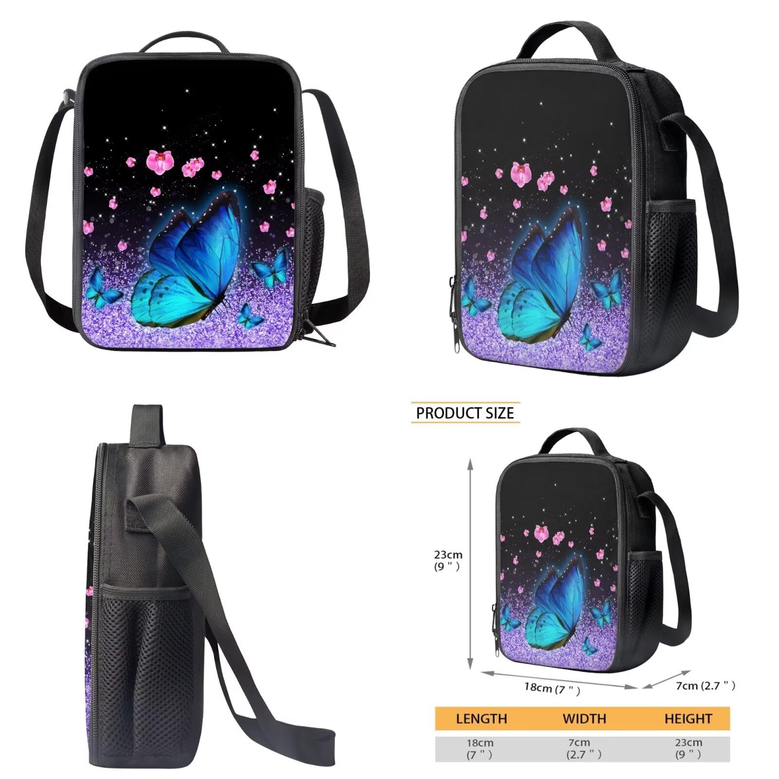 Poceacles Zaini per la scuola per ragazze con portapranzo, astuccio per il rientro a scuola, set di 3 zaino leggero per ragazzo, Farfalla floreale glitter