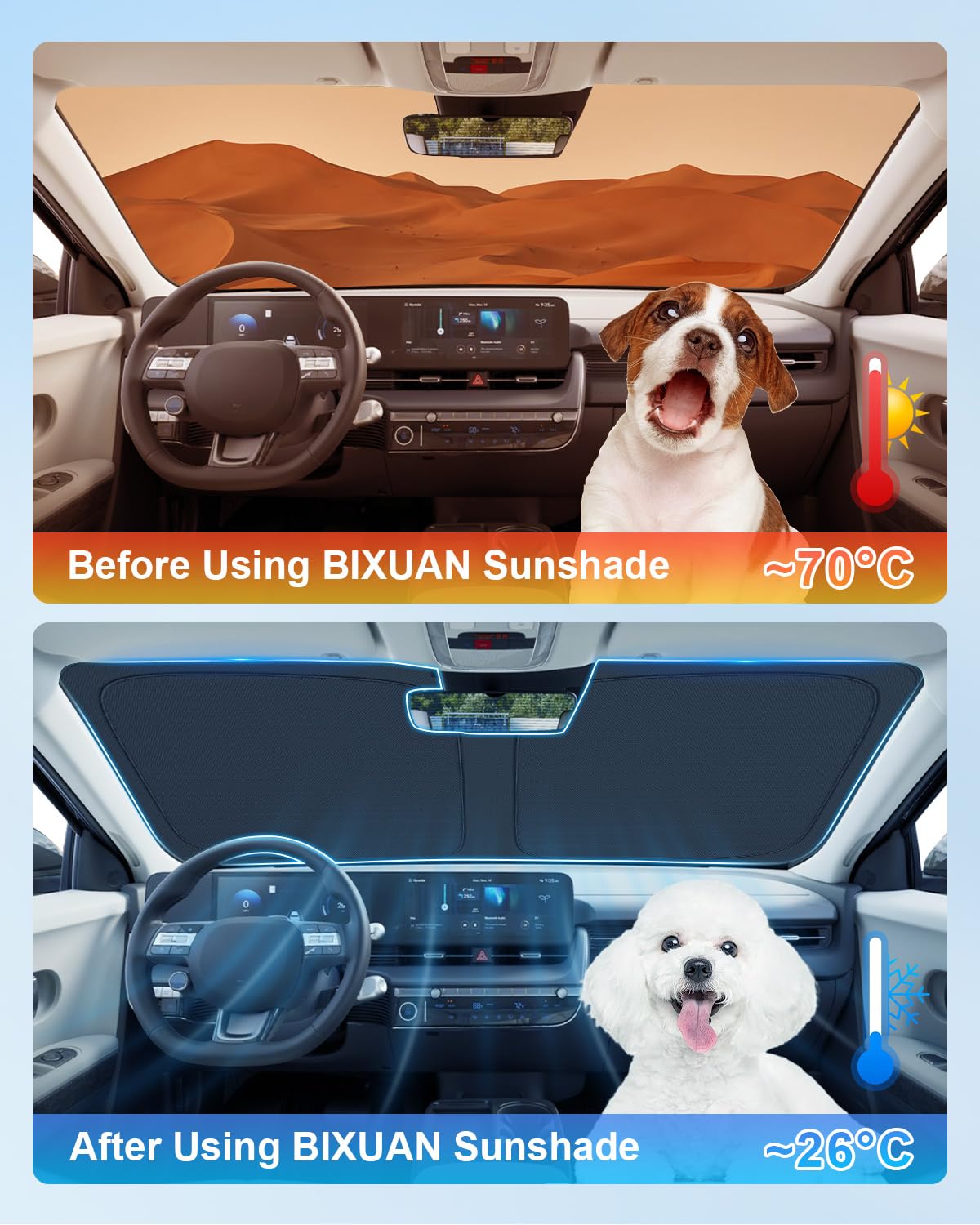 BIXUAN Osłona przeciwsłoneczna na przednią szybę, kompatybilna z Hyundai Ioniq 5 2022-2025 2026, osłona przeciwsłoneczna na przednią szybę, składany parasol przeciwsłoneczny z ochroną przed