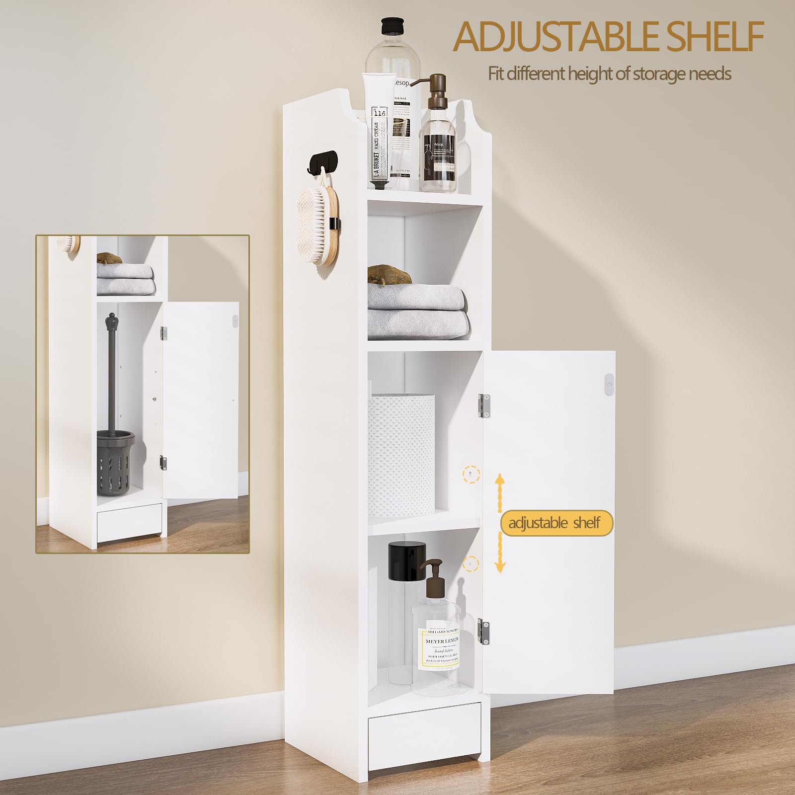 Small Bathroom Storage Cabinet, Toilet Paper Storage,Corner Floor Cabinet with Doors and Adjustable Shelf,Bathroom Organizer for Small Spaces White