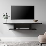 FITUEYES Bois flottants TV Étagère de support pour écran plat 43/50 pouce, 2 Tablettes de console de médias muraux noirs avec rangement pour audio/vidéo, 41.3 de pouce