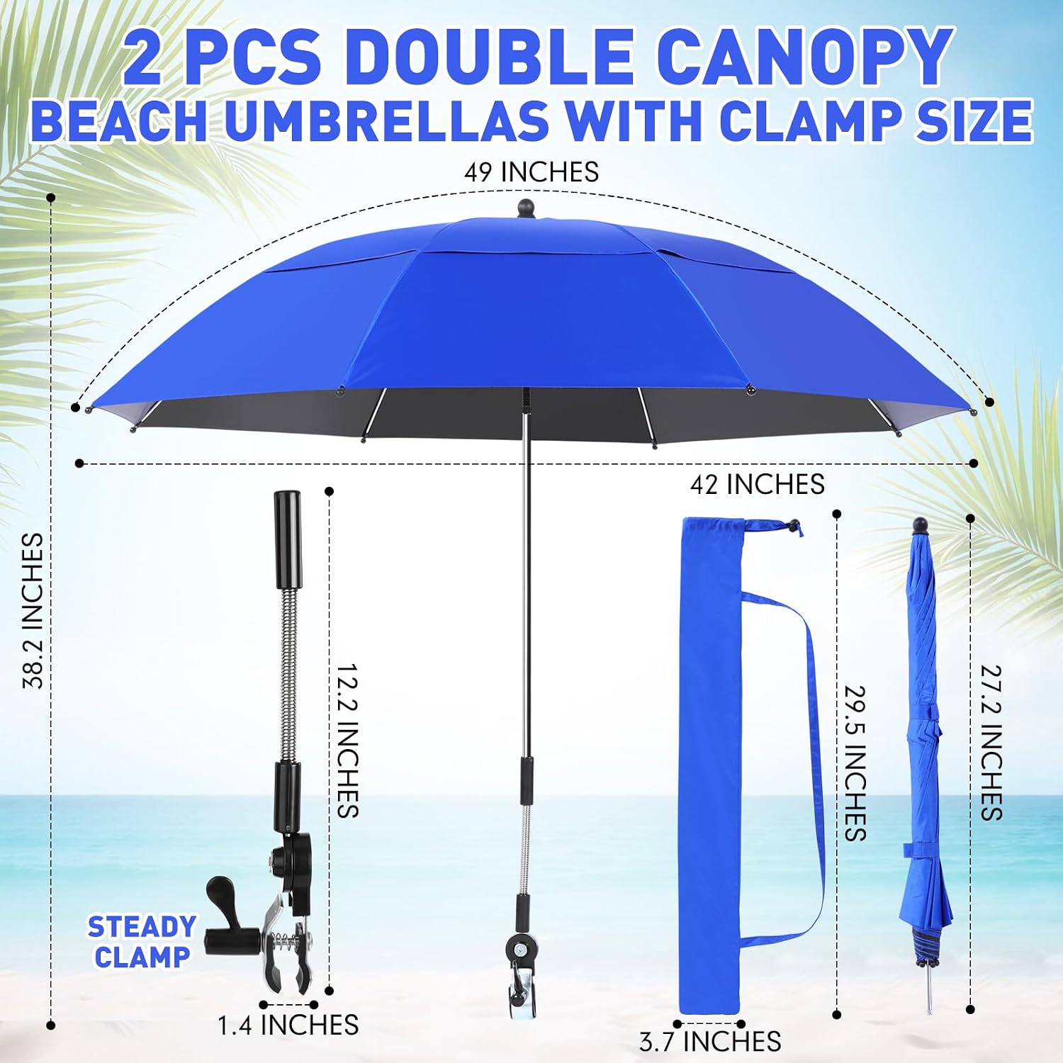 Nuanchu 2 Pcs 49" Double Canopy Beach Umbrellas with Clamp Upf50+ Beach Chair Umbrella with Clip 360 ° Adjustable Portable Outdoor Wheelchair Patio Golf Carts Camping Stroller Fishing
