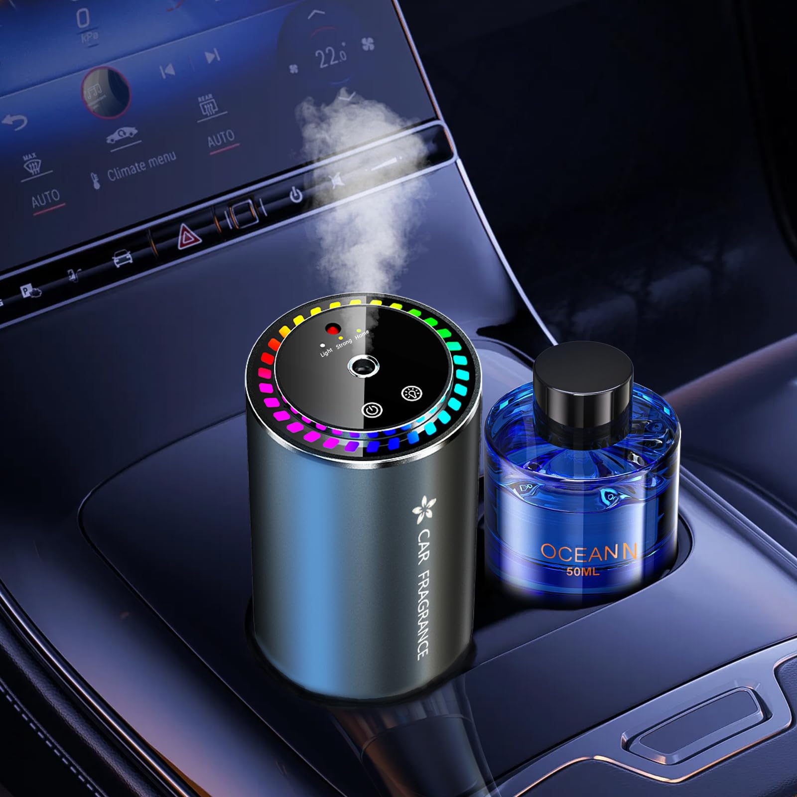 Elektrischer Auto-Lufterfrischer 50 ml (Cologne) – Ultraschall-Diffusor, 3 intelligente Modi, Auto-Start/Stopp, integrierter Akku, kompatibel mit ölbasierter Parfüm-Nachfüllung