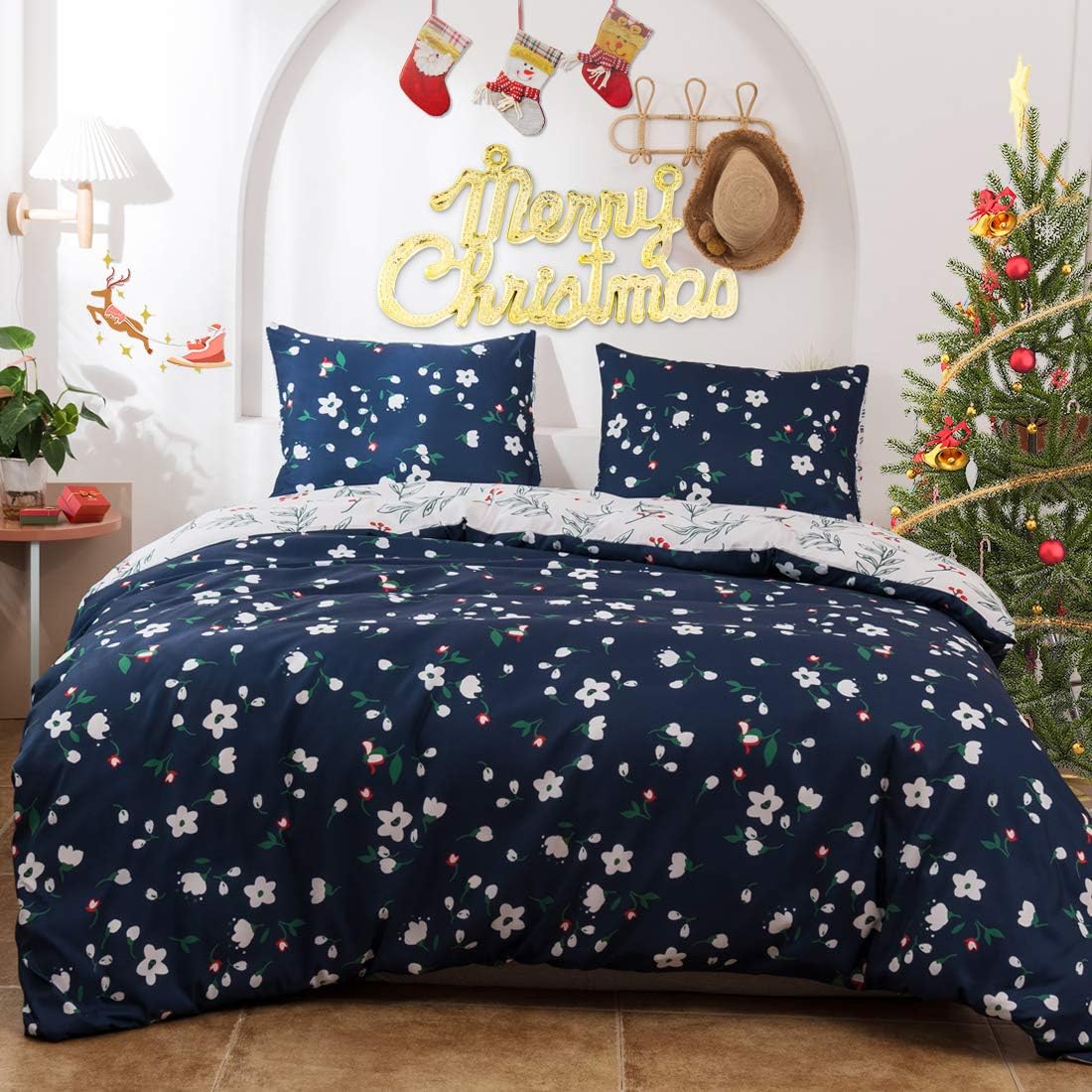 Travan 3-Piece Duvet Cover Set Christmas Floral Pattern Duvet Cover Ultra Soft Reversible Breathable Printed Microfiber Comforter Protector Bedding Set Queen Size for Christmas, Queen