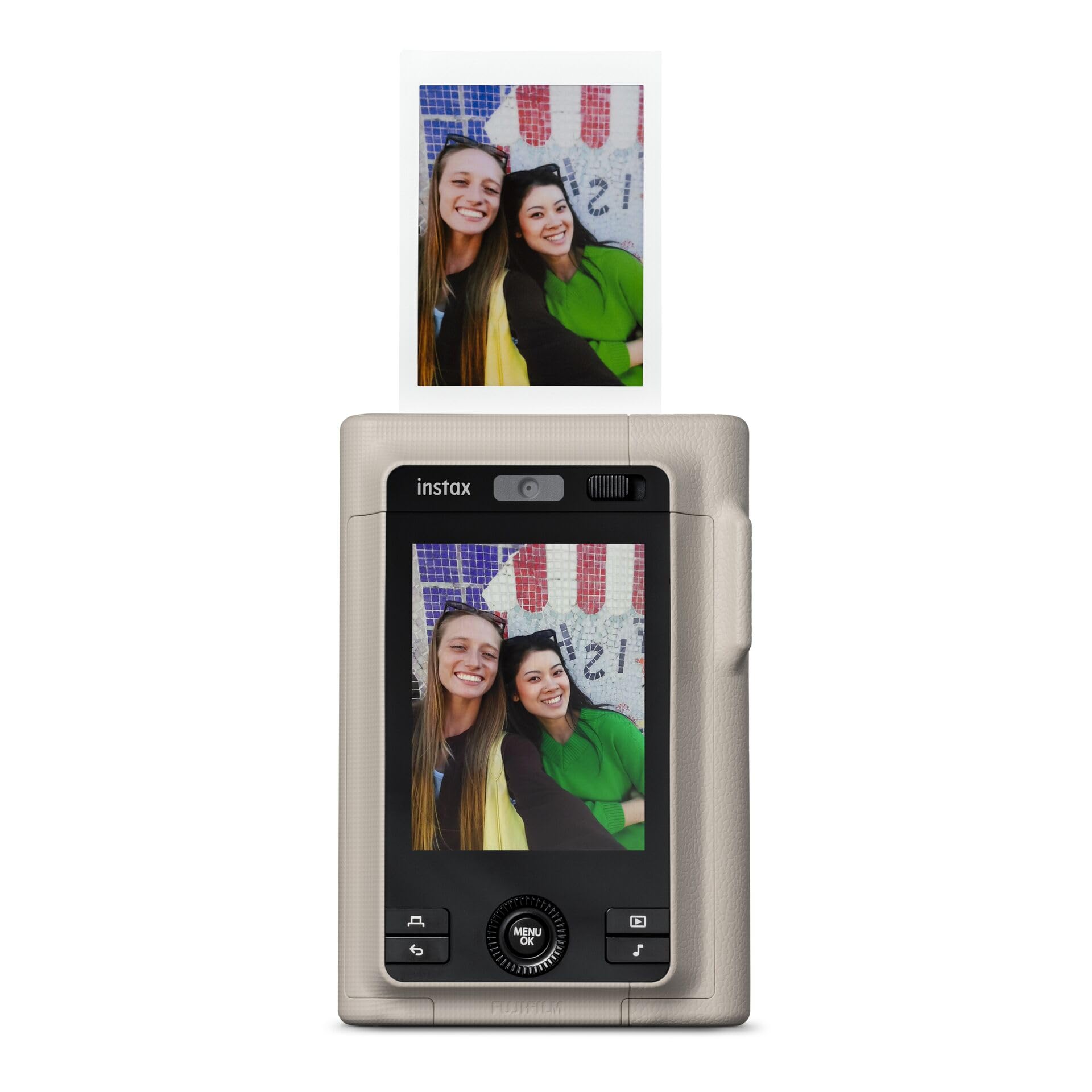 FUJIFILM instax mini LiPlay+™ Hybrid-Sofortbildkamera | 2-in-1 Hybrid-Kamera mit Smartphonedrucker, Sound Print für Bilder mit Ton, Dual Lens Selfie Kamera mit LCD Display & App Steuerung | Sand Beige