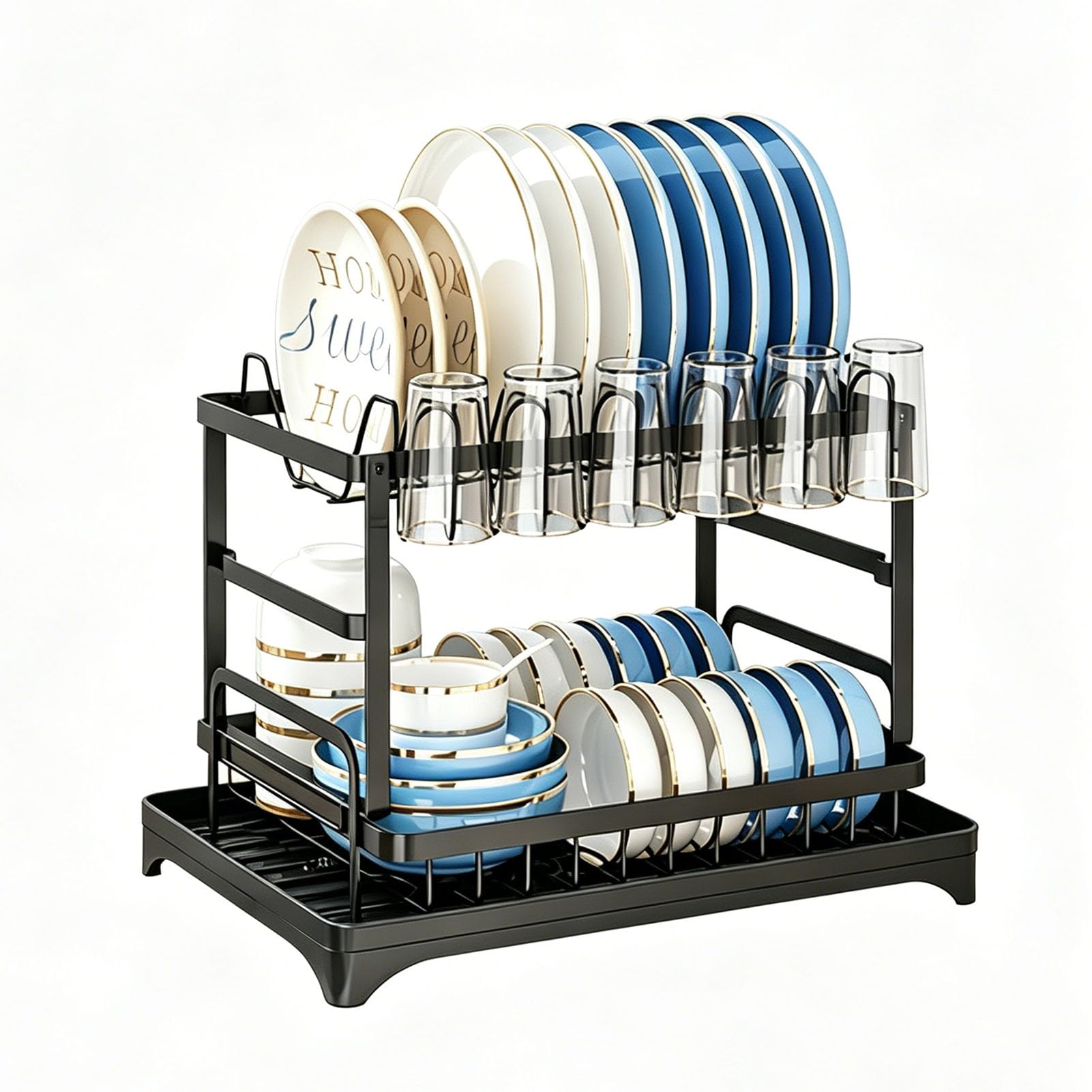Tbatm Black 2 Tier Dish Rack With Drainboard And Swivel Spout, Utensil Holder Organizer, Kitchen Countertop Drainer For Dishes, Bowls, Cups And Cutlery,,Standard Edition