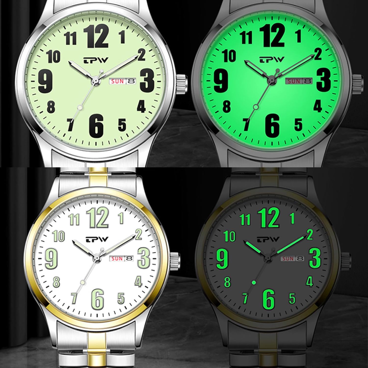 Gosasa Easy-to-Read Men’s Quartz Watch Large Numbers Luminous Elastic Strap Stainless Steel Stretch Band Waterproof Watches