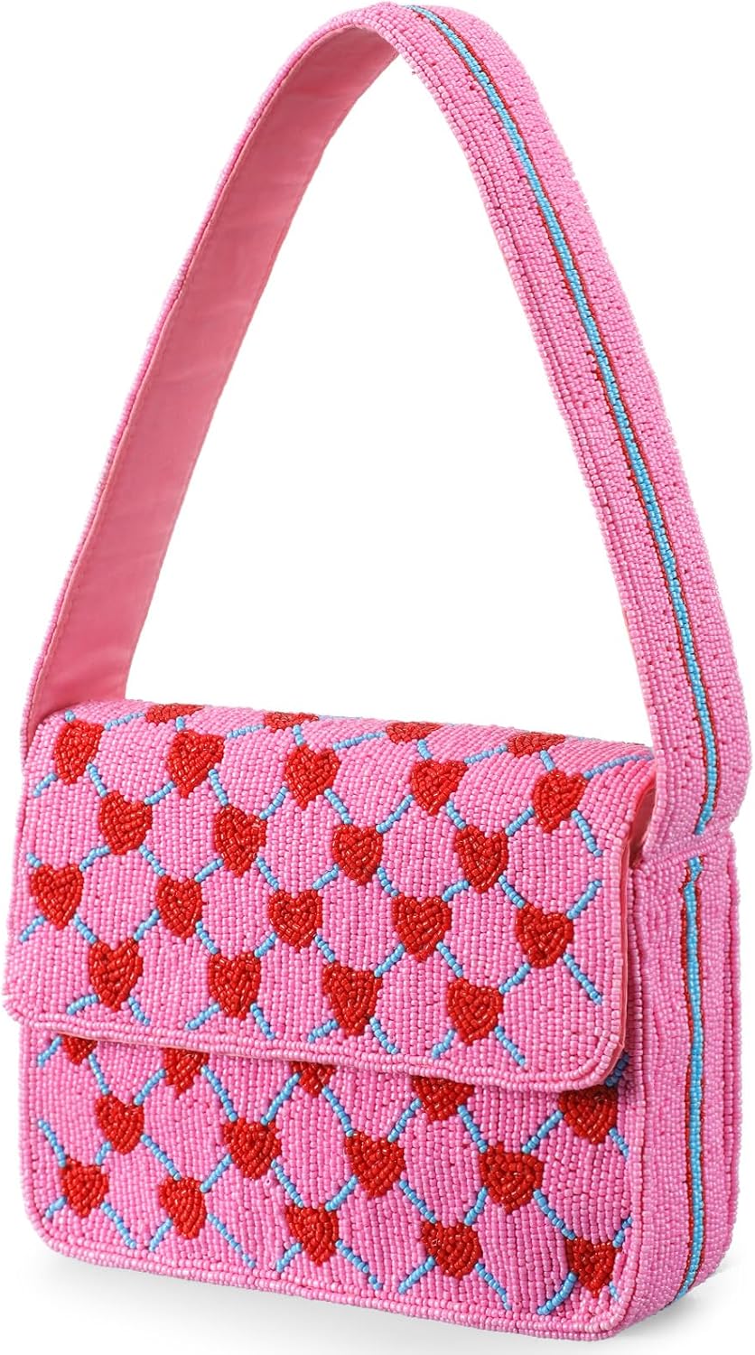 Sunnymove Handmade Beaded Shoulder Bag - Pink Heart Clutch Purse, Romantic Valentine's Gift for Women