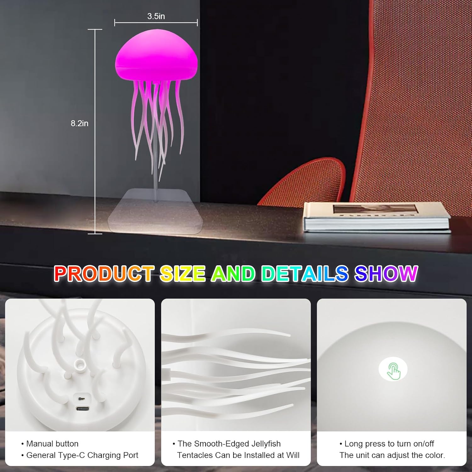 Upgraded Silent Jellyfish Lamp, Jelly Fish Light Lamp with Dancing Legs, Voice Control Jellyfish Night Light, Jellyfish Bedside Lamp for Bedrooms, Living Room and Christmas Gifts (with Base)