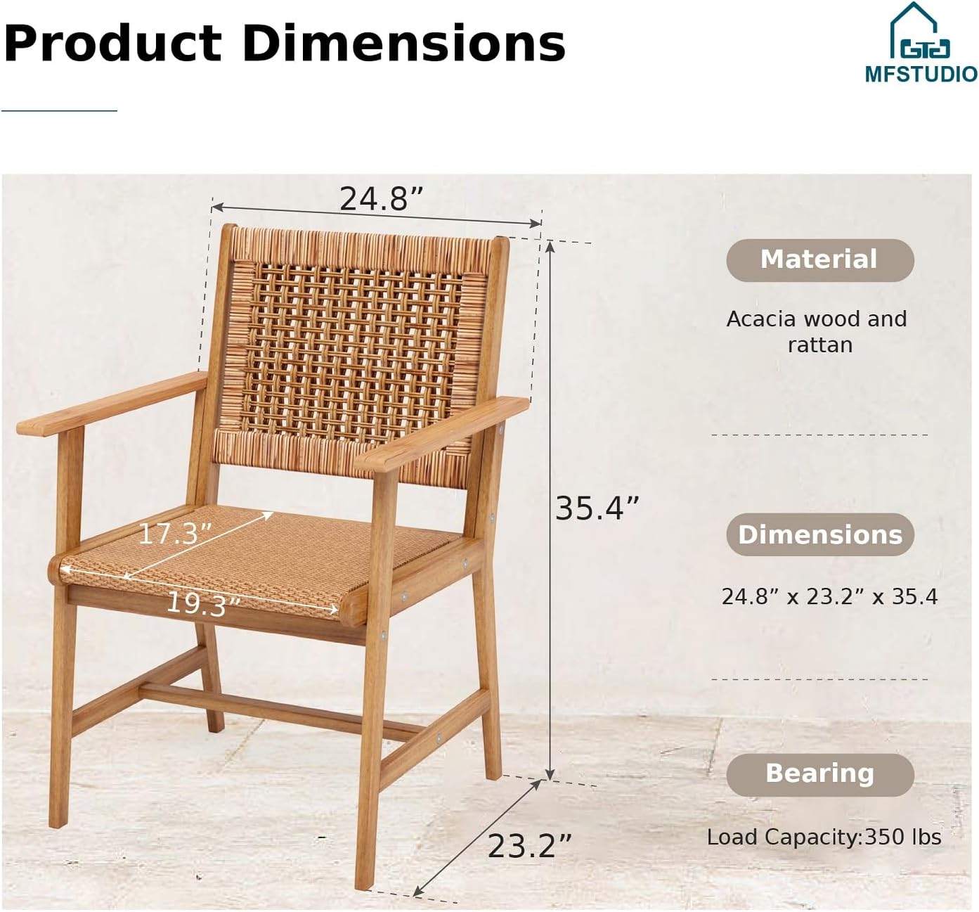 MFSTUDIO Acacia Wood Patio Dining Chairs Set of 6, All Weather Extra Large Outdoor Dining Chairs with Armrest, Teak Wood Outside Chair with Rattan Seat & Back for Garden, Porch, Backyard(6 Pcs)