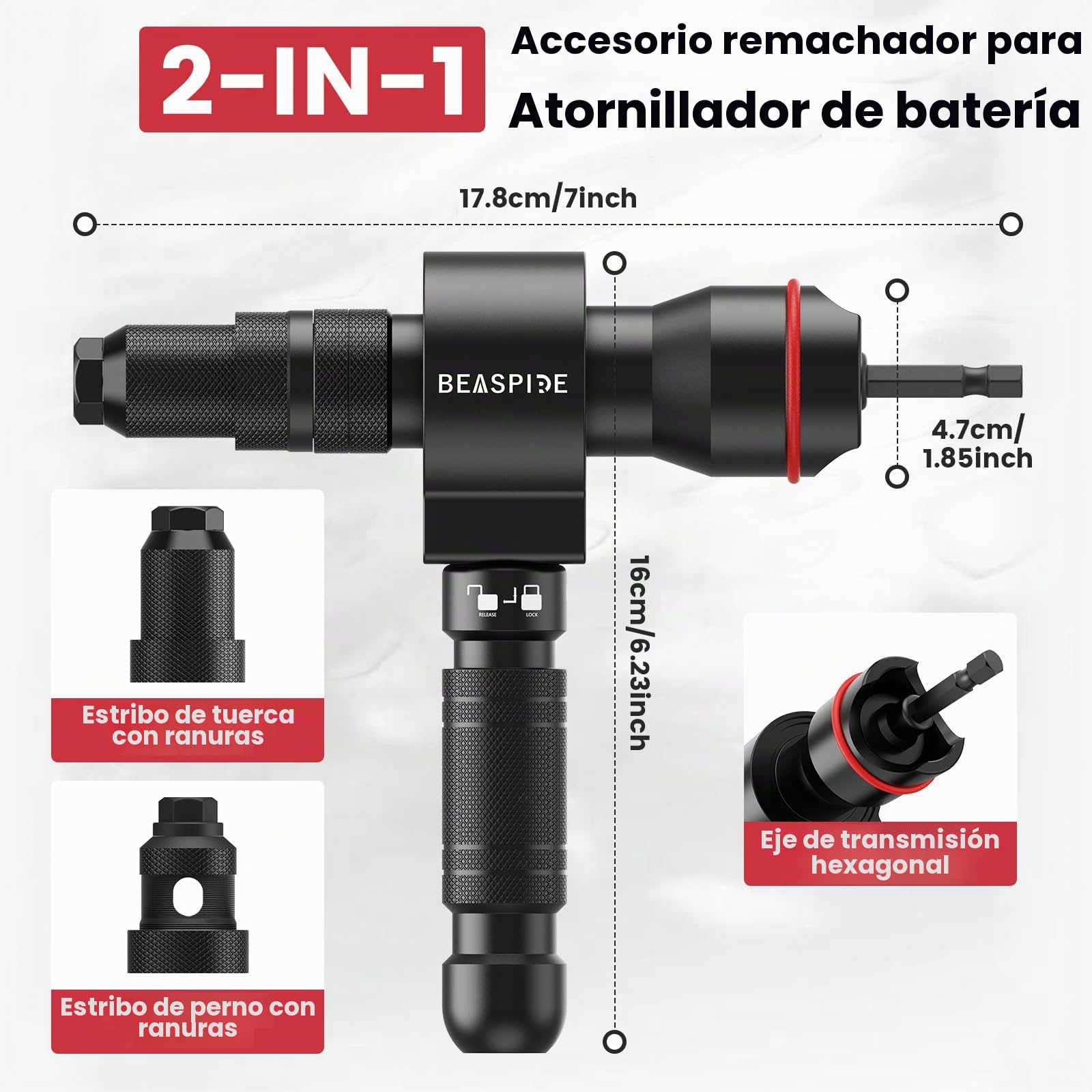 Adaptador 2 en 1 para Remachadora para Taladro y Atornillador, Juego de Adaptadores Remachadora de Tuercas para Remaches 2,4-6,4 mm y Tuercas Remachadas M3-M12, accesorio profesional de remache