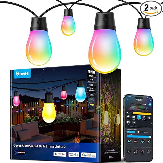 Govee S14 Bulb Outdoor String Lights 2, 96ft Smart RGBIC Warm White Patio Lights with 30 LED Bulbs, 111 Scene Modes for Outdoor Decor, Works with Alexa, Google, Matter, APP Control, IP66 Waterproof