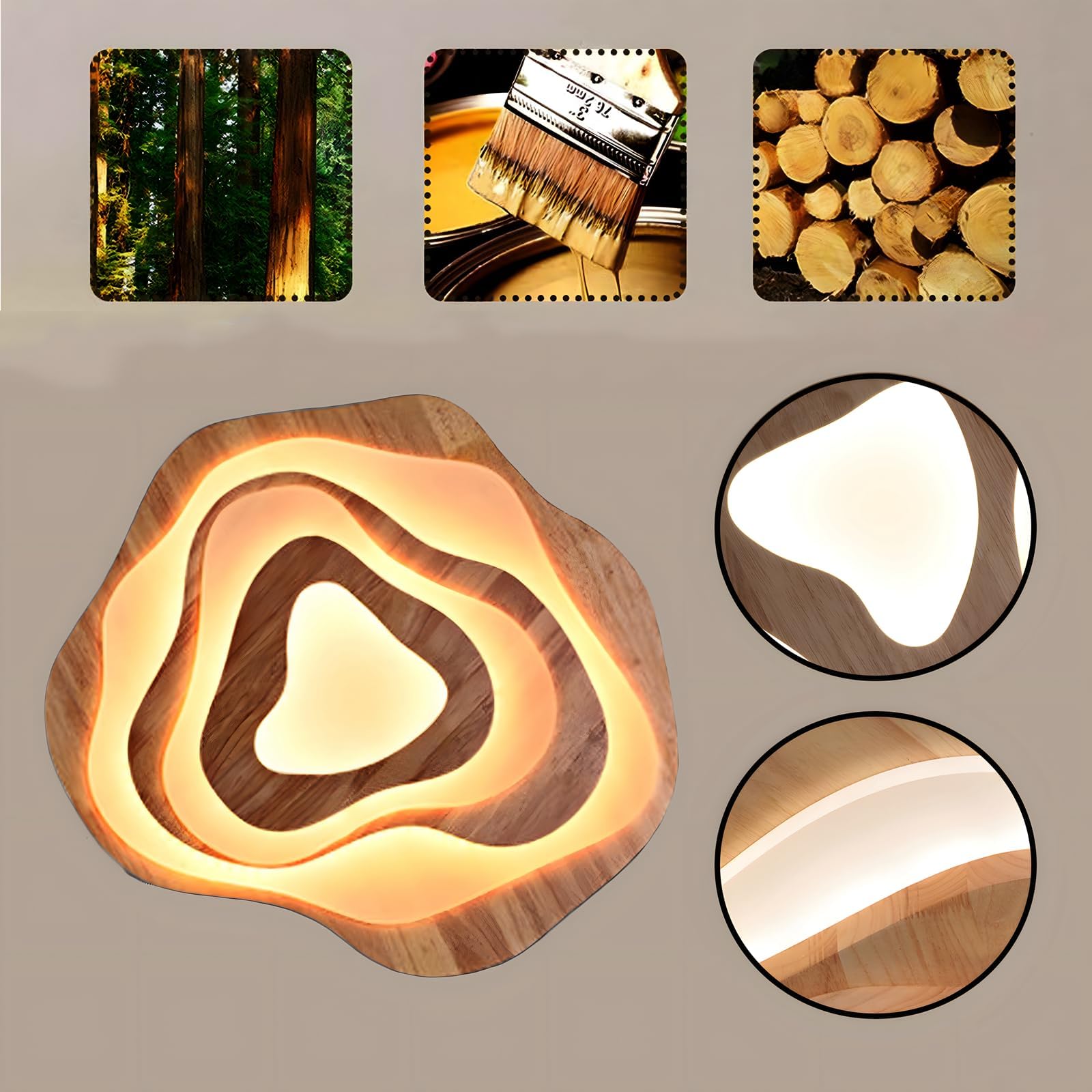 Lámpara Techo LED Madera | Ø57cm 50W 4300lm | 3000K-6000K Regulable Con Control Remoto, Lámpara Moderna Madera Natural + Nubes Acrílicas, Sala Estar Dormitorio Infantil Cocina Comedor Casa