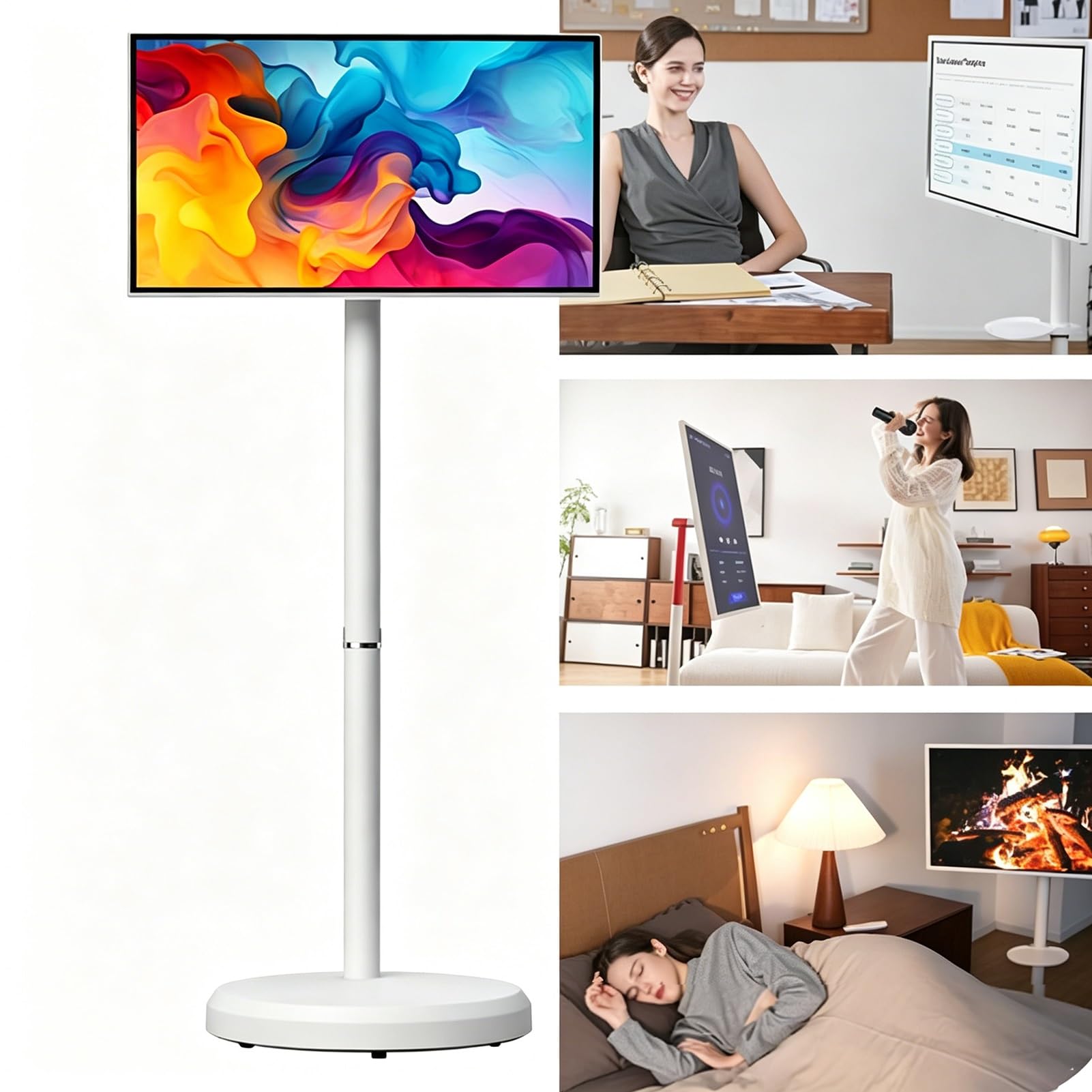 Monitor TV PortáTil Inteligente 21.5" con Pantalla TáCtil y Ruedas,Soporte TV,Pantalla Inteligente Todo en Uno con InclinacióN y RotacióN,BateríA Integrada 6000 Mah y Altavoz para Sala Y Dormitorio